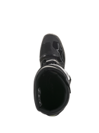 Stivali Alpinestars Tech 7 Enduro Drystar®, vista dall'alto dell'interno con fodera e colletto imbottito, calzatura tecnica da fuoristrada nera e grigia con sistema di fibbie sicuro