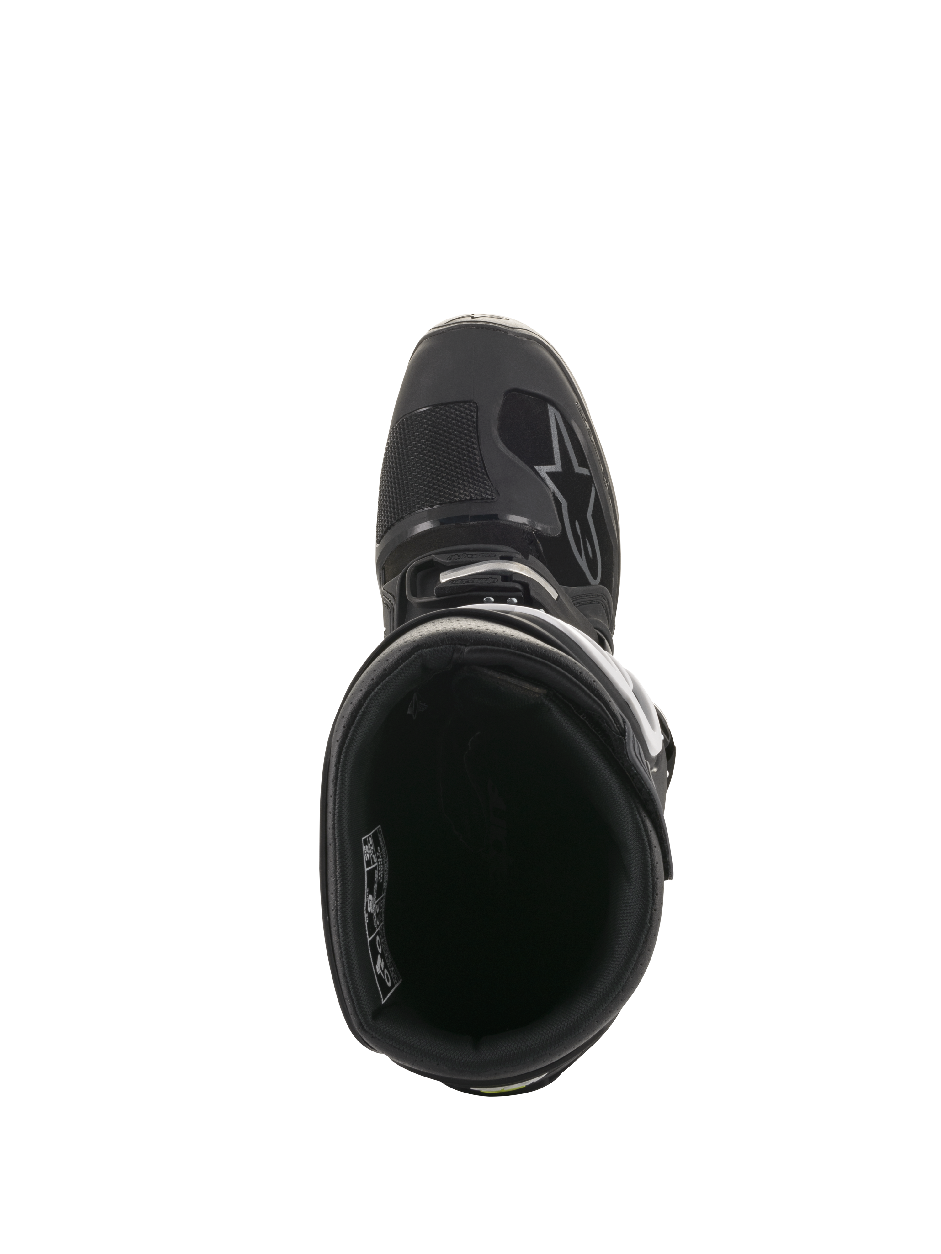 Stivali Alpinestars Tech 7 Enduro Drystar®, vista dall'alto dell'interno con fodera e colletto imbottito, calzatura tecnica da fuoristrada nera e grigia con sistema di fibbie sicuro