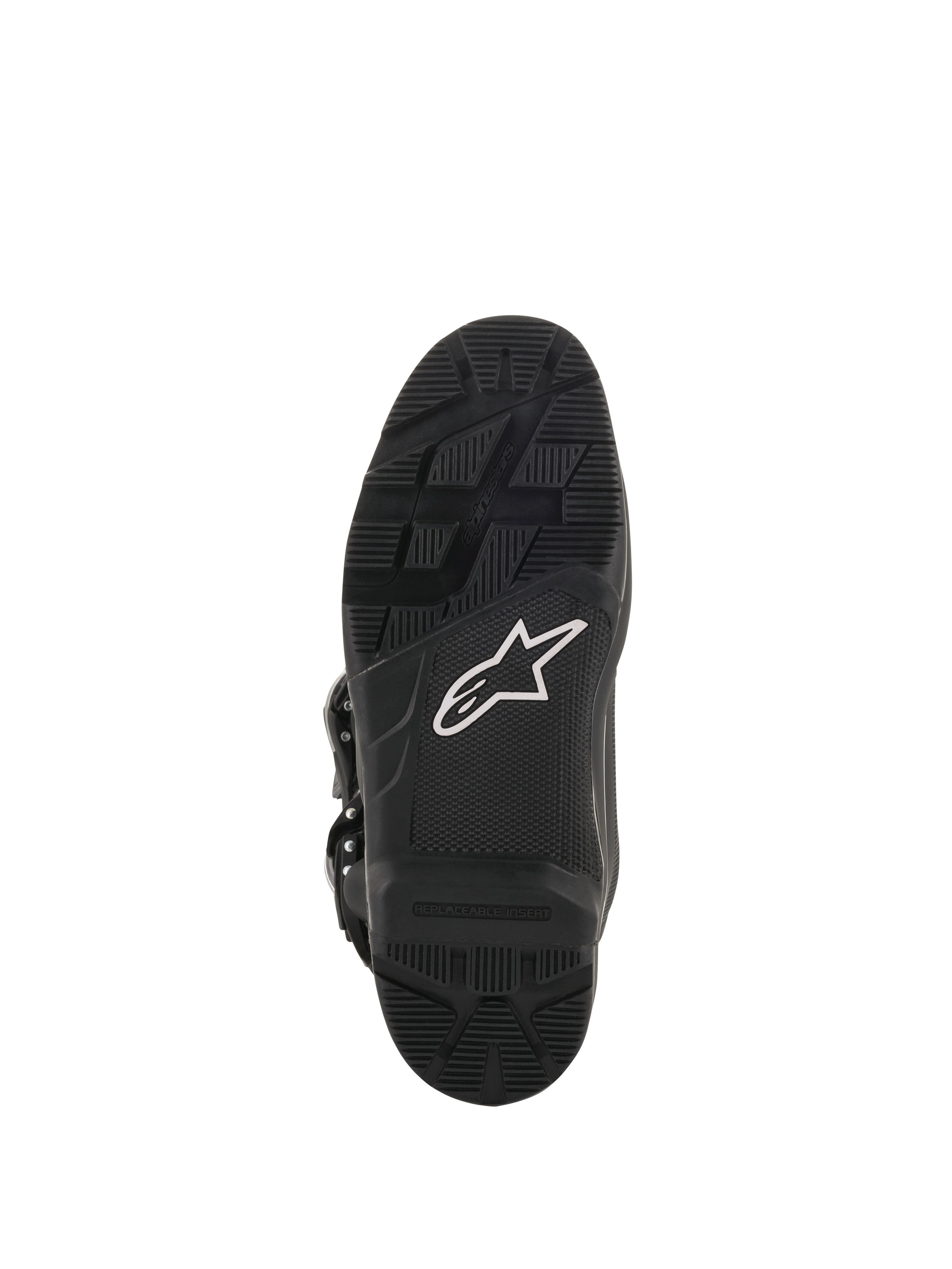 Stivali Alpinestars Tech 7 Enduro Drystar®, stivali da motocross ed enduro, vista della suola in nero, mescola di gomma ad alta aderenza con logo a stella bianco e inserto sostituibile per prestazioni fuoristrada durature