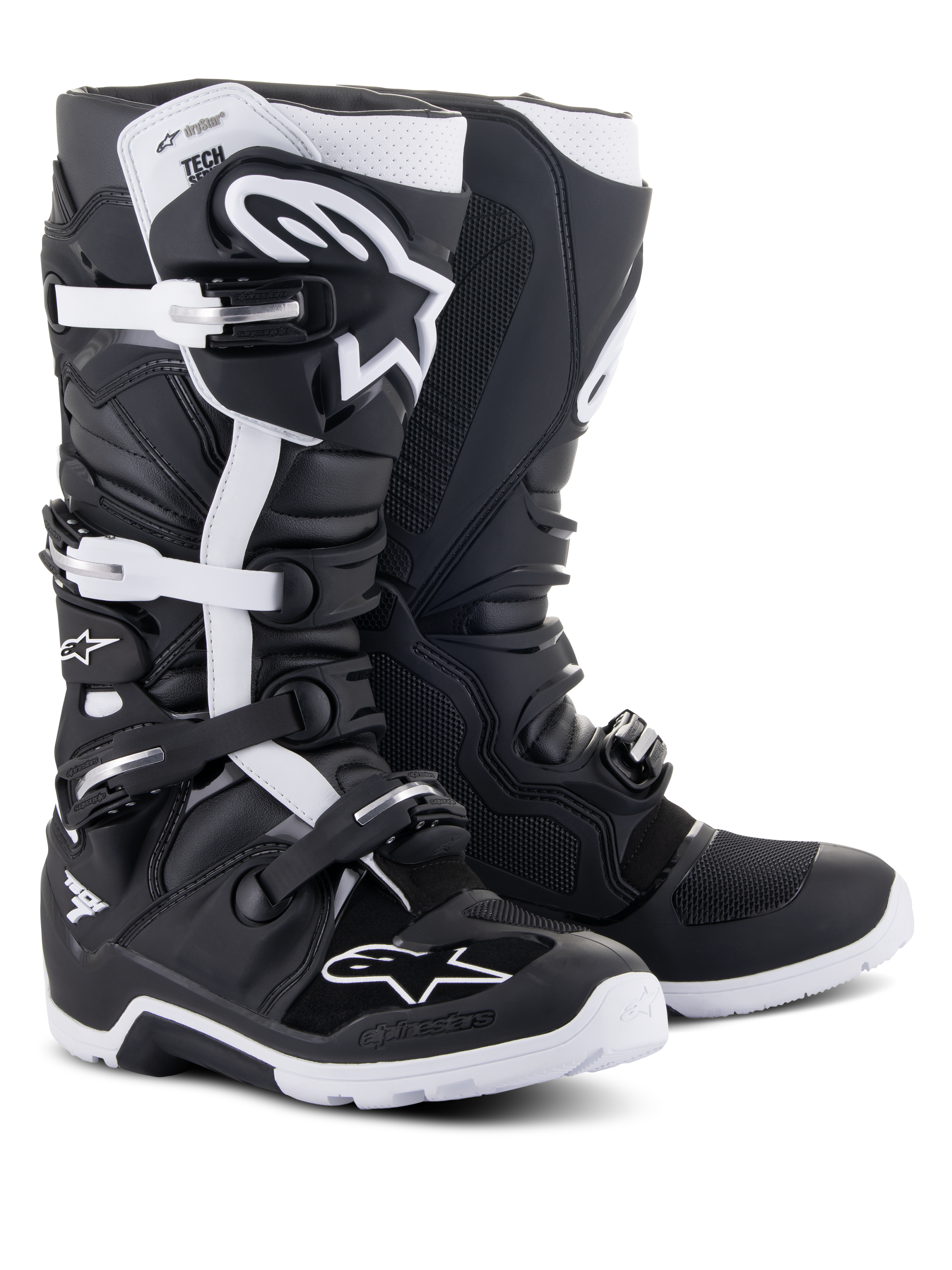 Stivali Alpinestars Tech 7 Enduro Drystar®, stivali da moto fuoristrada, nero e bianco, con membrana impermeabile, sistema di chiusura a fibbie multiple e suola specifica per l'enduro per prestazioni off-road
