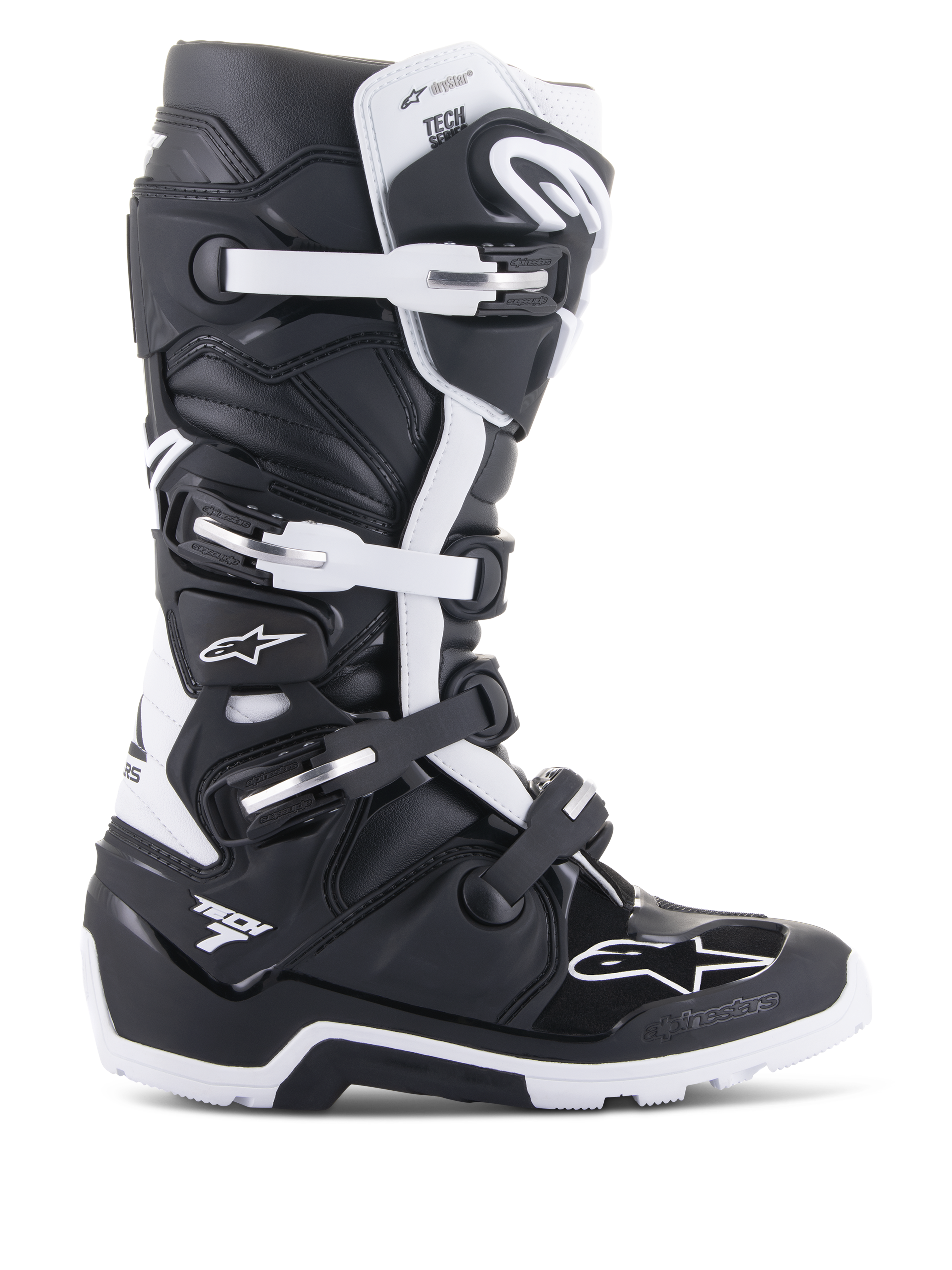 Alpinestars Tech 7 Enduro Drystar, stivali da moto enduro e fuoristrada, nero e bianco, sistema di chiusura a quattro fibbie, logo membrana impermeabile Drystar, suola robusta per grip off-road, pannelli protettivi in TPU con loghi Alpinestars