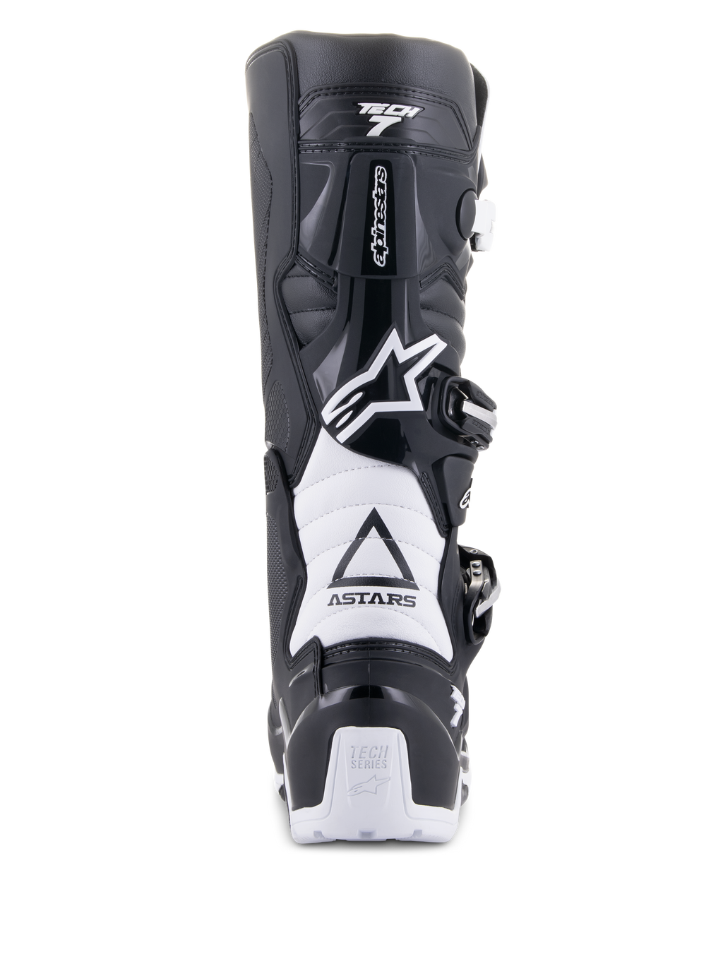 Stivali Alpinestars Tech 7 Enduro Drystar, nero e bianco, vista posteriore che mostra la struttura protettiva in TPU, zone di flessione a fisarmonica bianche e sistema di chiusura con fibbie, con marchio Alpinestars sul tallone e sulla tomaia