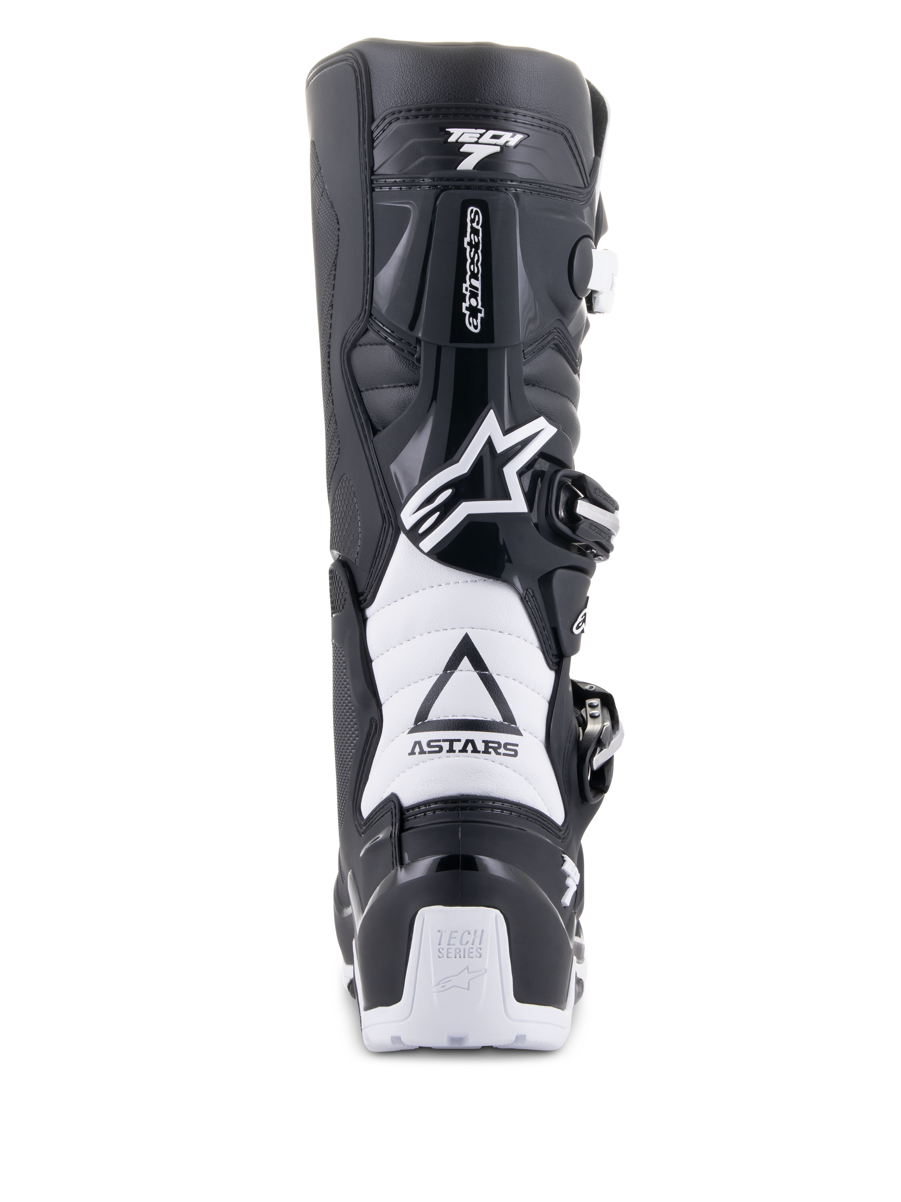 Stivali Alpinestars Tech 7 Enduro Drystar, nero e bianco, vista posteriore che mostra la struttura protettiva in TPU, zone di flessione a fisarmonica bianche e sistema di chiusura con fibbie, con marchio Alpinestars sul tallone e sulla tomaia