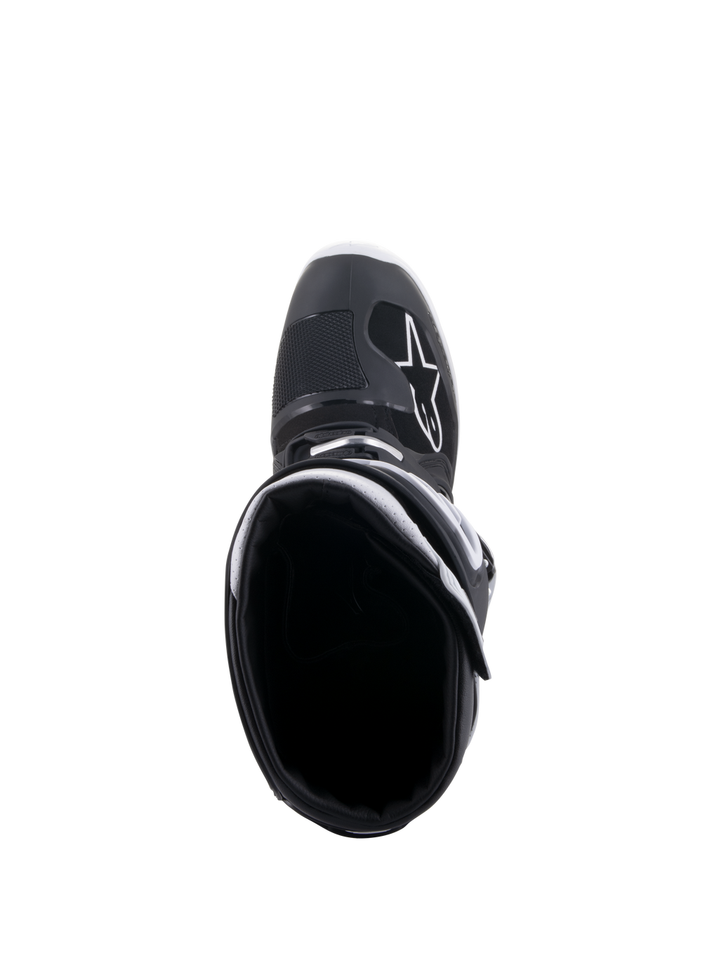 Stivali Alpinestars Tech 7 Enduro Drystar®, nero e bianco, vista dall'alto dell'apertura dello stivale, con logo A-star bianco sulla punta, rivestimento interno bianco e design impermeabile ad alte prestazioni per enduro