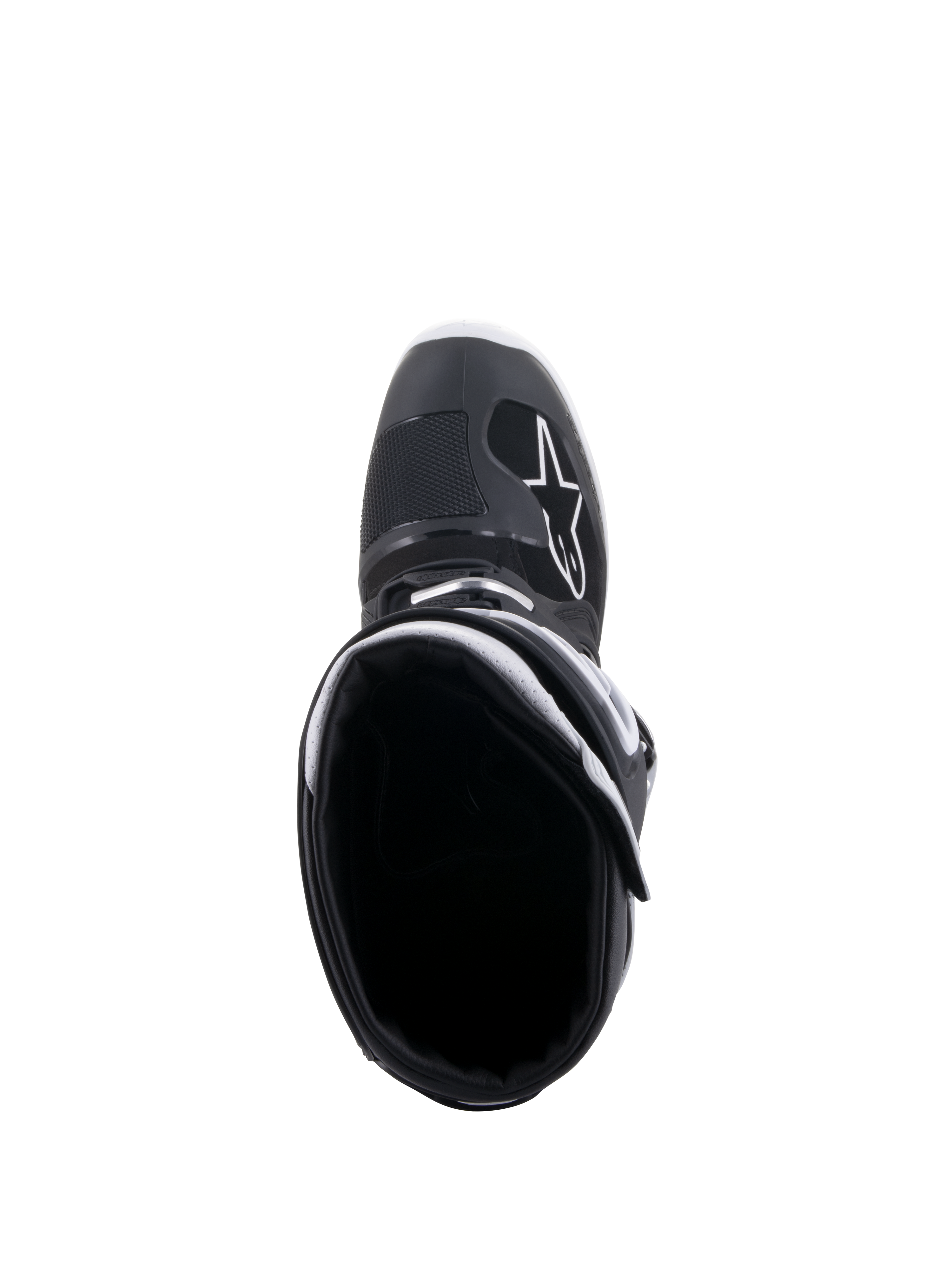 Stivali Alpinestars Tech 7 Enduro Drystar®, nero e bianco, vista dall'alto dell'apertura dello stivale, con logo A-star bianco sulla punta, rivestimento interno bianco e design impermeabile ad alte prestazioni per enduro