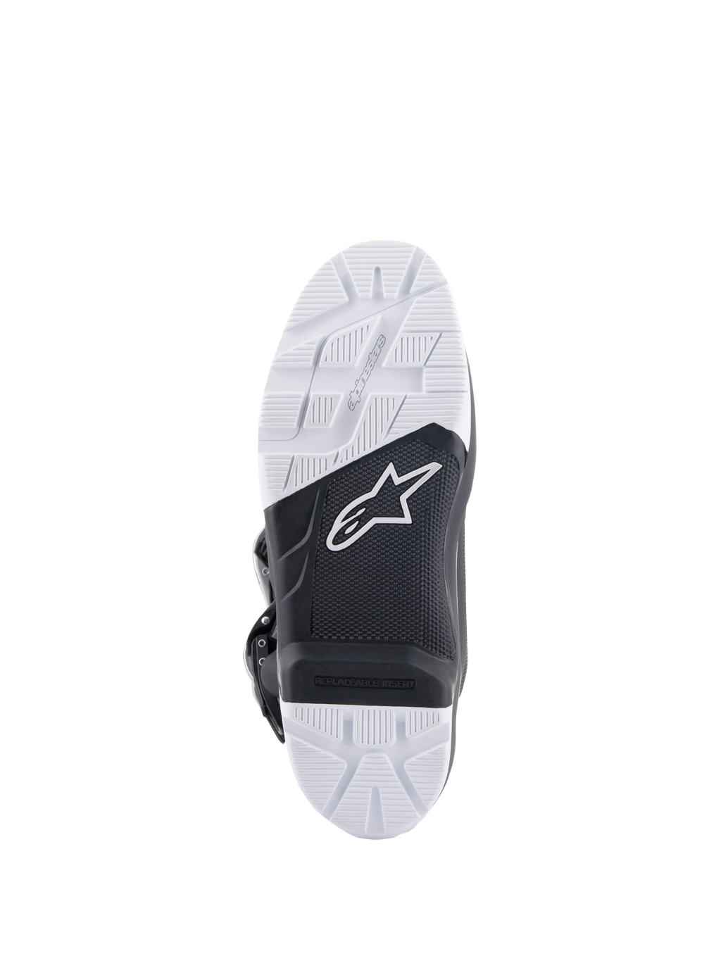 Stivali Alpinestars Tech 7 Enduro Drystar®, dettaglio suola, mescola di gomma a doppia densità bianca e nera ad alta aderenza, logo Alpinestars e inserto pedana sostituibile, progettata per trazione off-road ed enduro.