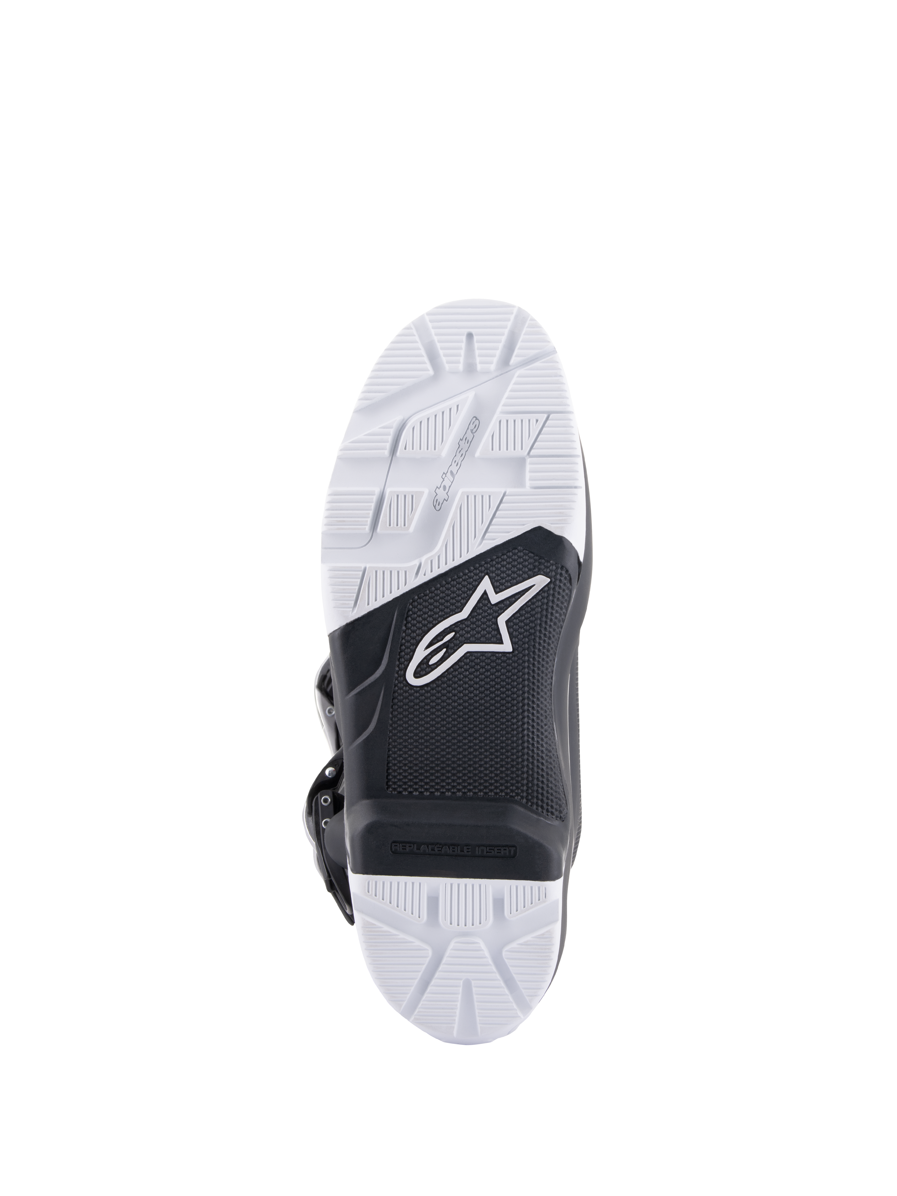 Stivali Alpinestars Tech 7 Enduro Drystar®, dettaglio suola, mescola di gomma a doppia densità bianca e nera ad alta aderenza, logo Alpinestars e inserto pedana sostituibile, progettata per trazione off-road ed enduro.