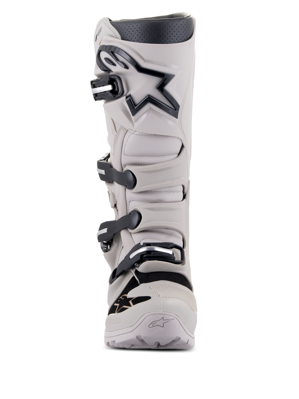 Stivali Alpinestars Tech 7 Enduro Drystar®, stivali da moto per enduro e fuoristrada, Gray Sand, grigio chiaro con dettagli e logo neri, dotati di sistema di chiusura a quattro fibbie, piastra tibiale rinforzata e design robusto per prestazioni in ogni condizione climatica