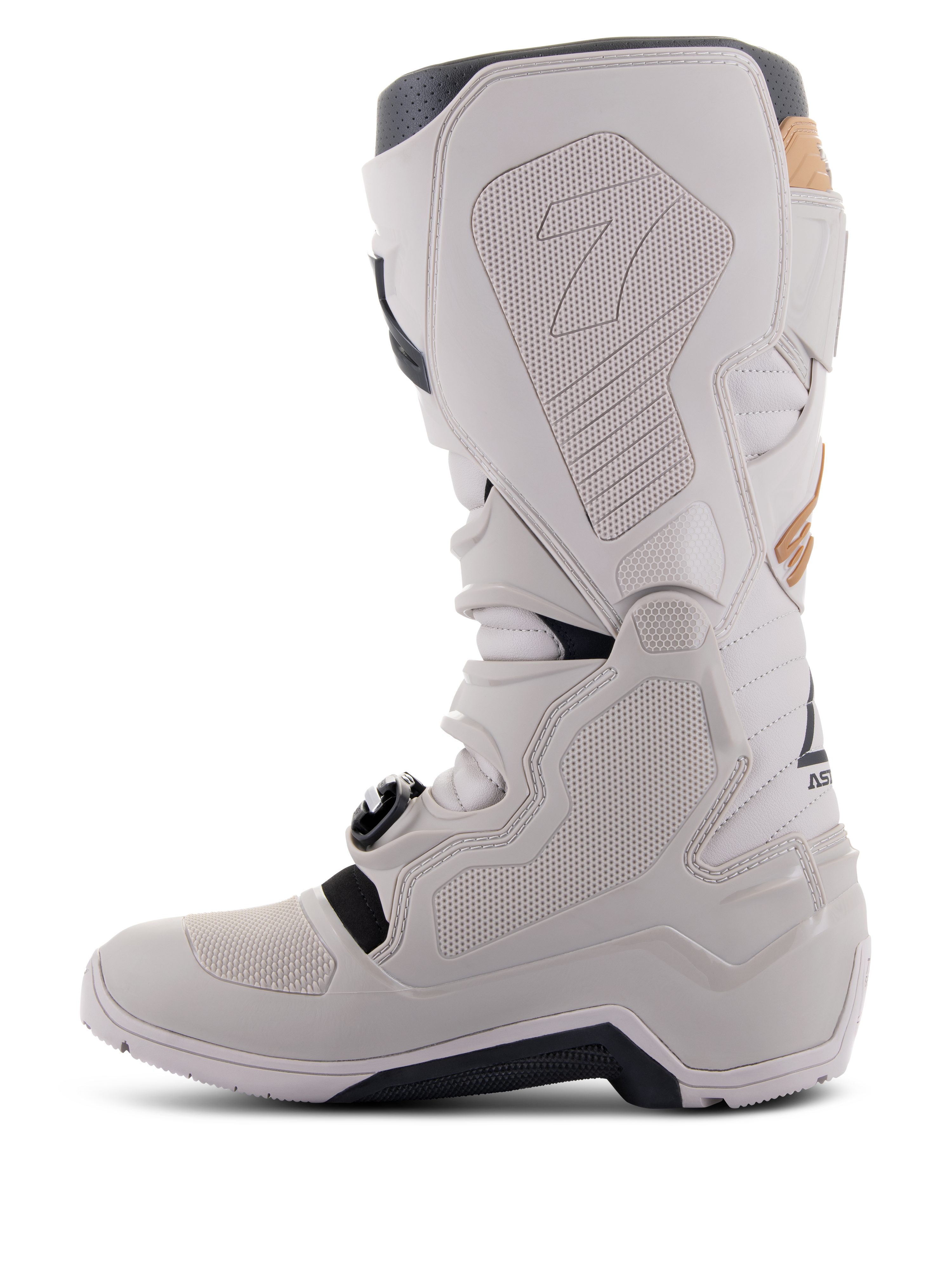 Stivali Alpinestars Tech 7 Enduro Drystar® in Grigio Sabbia, vista laterale mediale che mostra i pannelli di presa con trama a nido d'ape, costruzione in TPU grigio chiaro e microfibra, suola esterna nera e membrana impermeabile per prestazioni fuoristrada