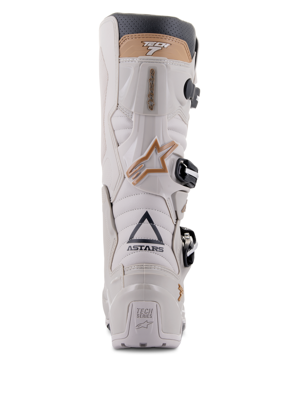 Stivali Alpinestars Tech 7 Enduro Drystar®, Gray Sand, vista posteriore che evidenzia il logo ASTARS e la placca del tallone TECH SERIES, telaio in TPU grigio chiaro con dettagli sabbia e fibbie nere, progettati per la guida enduro