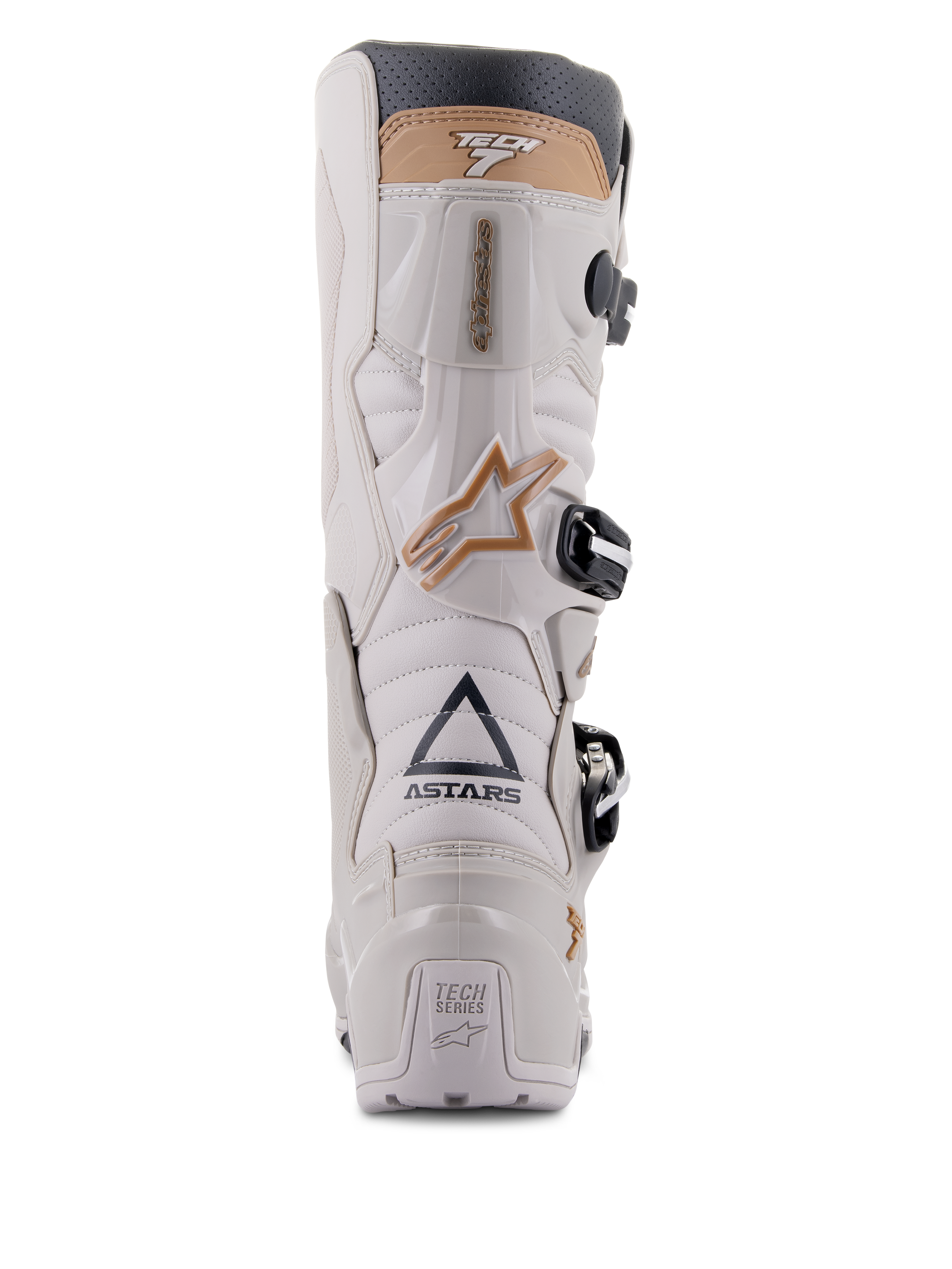 Stivali Alpinestars Tech 7 Enduro Drystar®, Gray Sand, vista posteriore che evidenzia il logo ASTARS e la placca del tallone TECH SERIES, telaio in TPU grigio chiaro con dettagli sabbia e fibbie nere, progettati per la guida enduro
