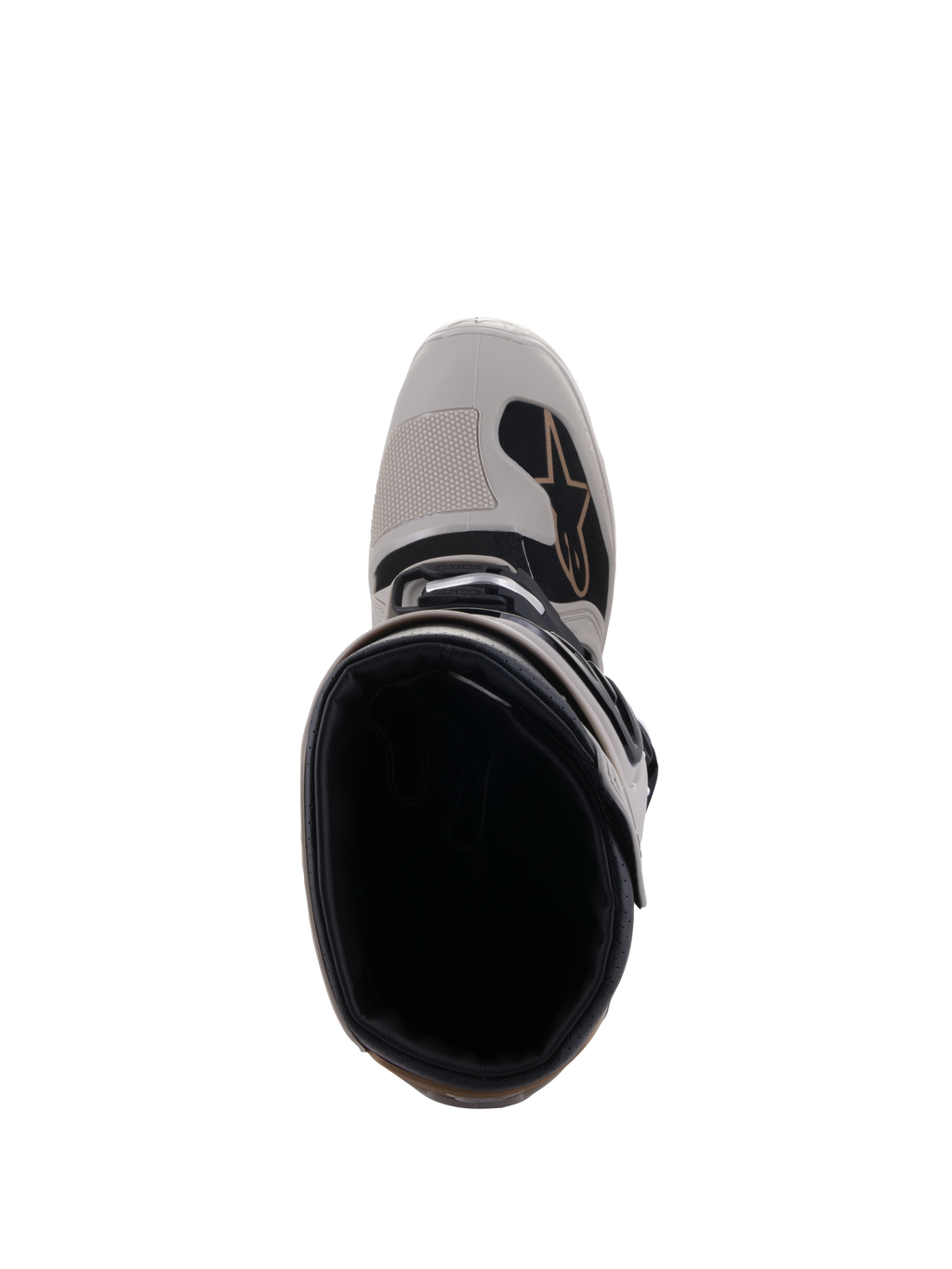 Stivali Alpinestars Tech 7 Enduro Drystar®, Grigio Sand, vista dall'alto dell'apertura dello stivale e della punta rinforzata, con dettagli neri e logo Alpinestars, calzature da moto fuoristrada impermeabili