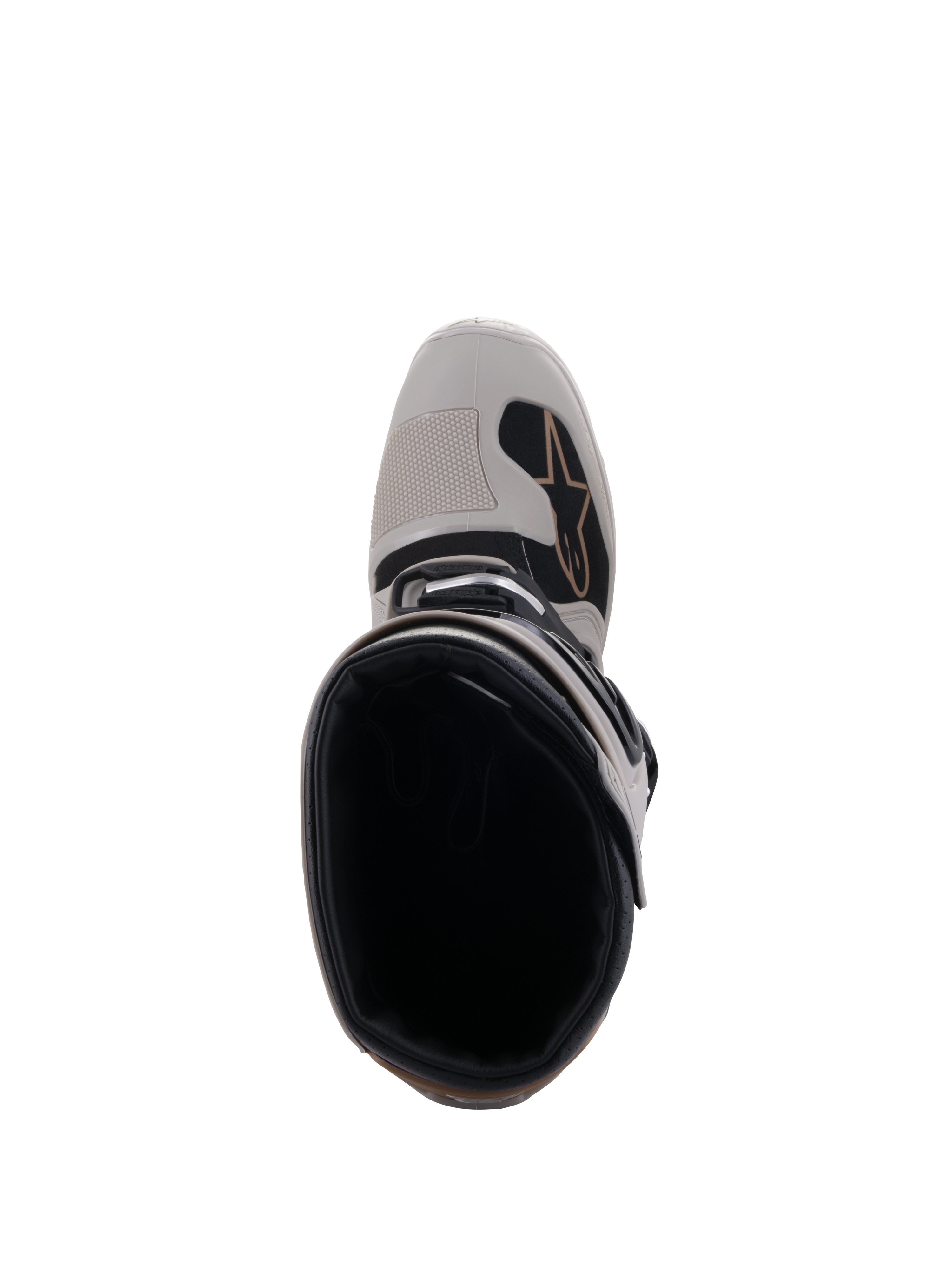 Stivali Alpinestars Tech 7 Enduro Drystar®, Grigio Sand, vista dall'alto dell'apertura dello stivale e della punta rinforzata, con dettagli neri e logo Alpinestars, calzature da moto fuoristrada impermeabili