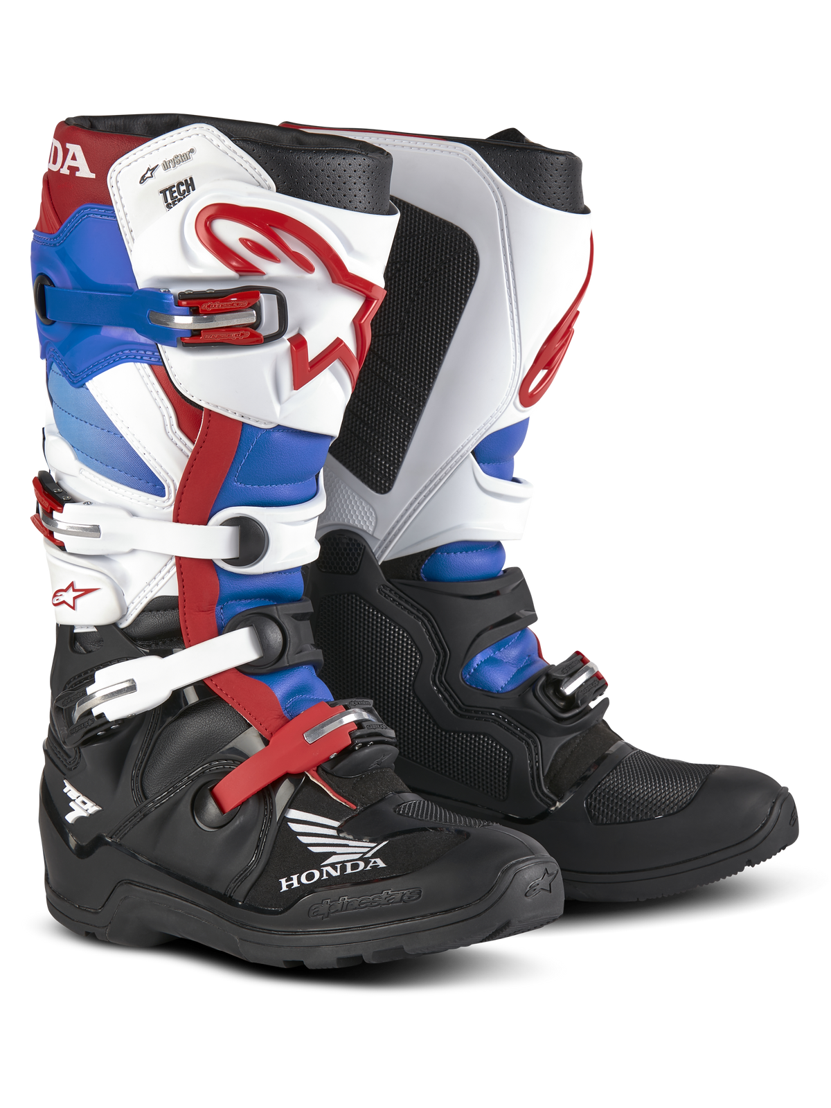 Alpinestars Honda Tech 7 Enduro Drystar® Boots, stivali da moto enduro, nero, rosso, blu e bianco, con fibbie regolabili, logo Honda, protezione rinforzata, certificati CE