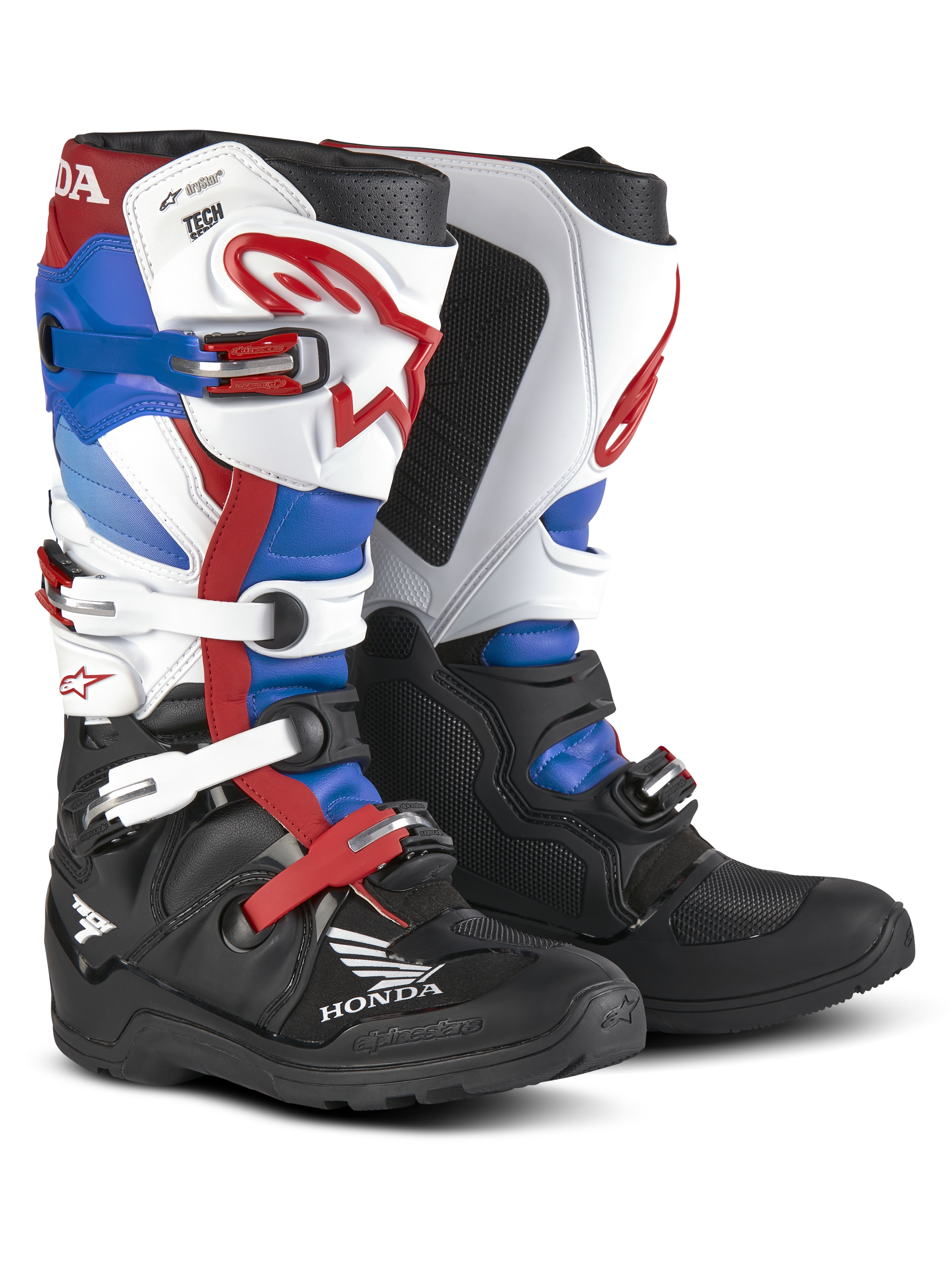 Stivali Honda Tech 7 Enduro Drystar®, stivali da moto enduro, rosso, blu, nero e bianco, fibbie regolabili multiple, marchio Honda, protezione robusta, design con supporto alto per la caviglia