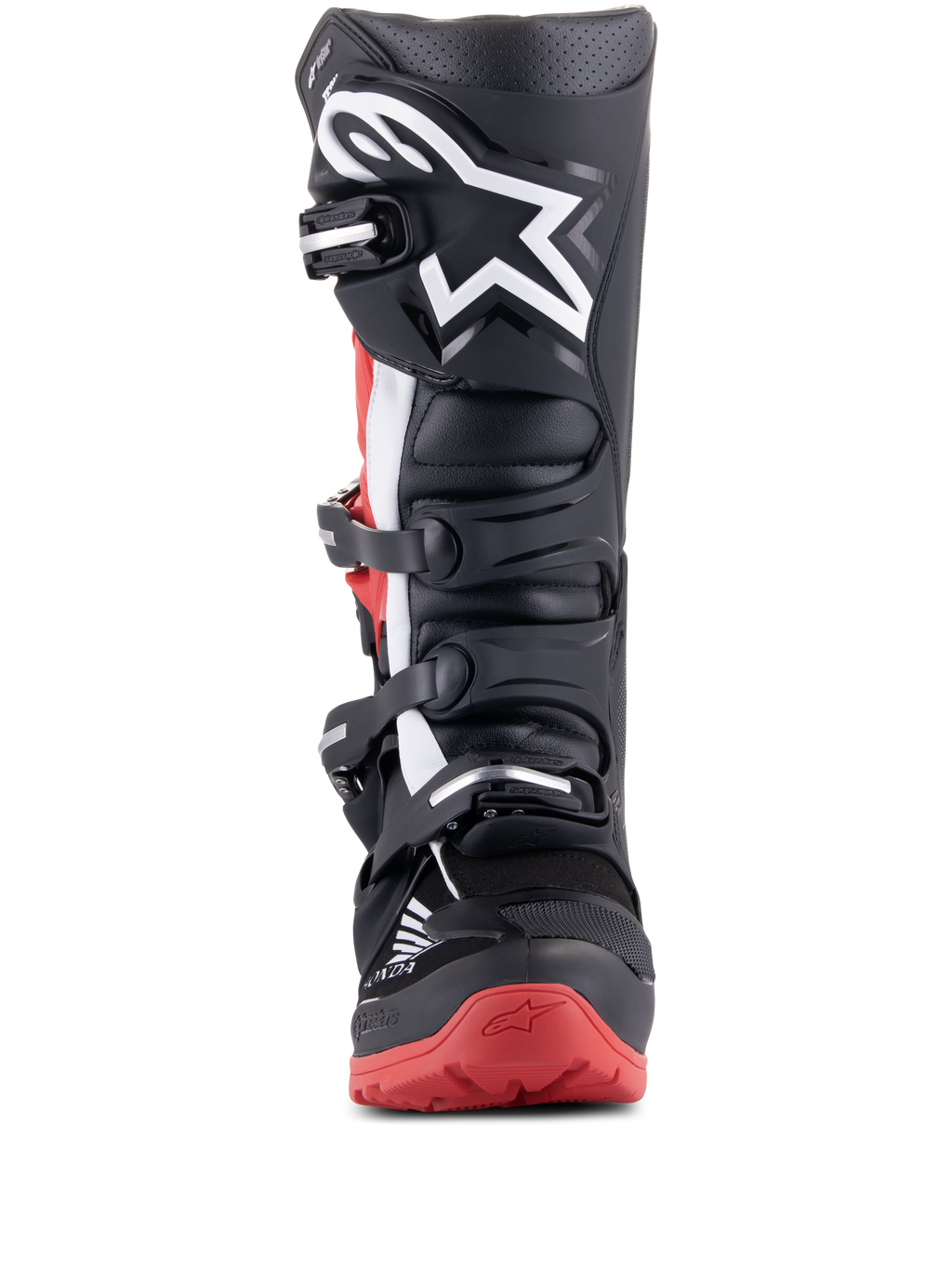 Stivali Alpinestars Honda Tech 7 Enduro Drystar, nero e rosso brillante, vista frontale con sistema di chiusura a fibbie multiple, grande logo a stella bianco sulla tibia e suola rossa con marchio Honda, stivali da moto fuoristrada impermeabili