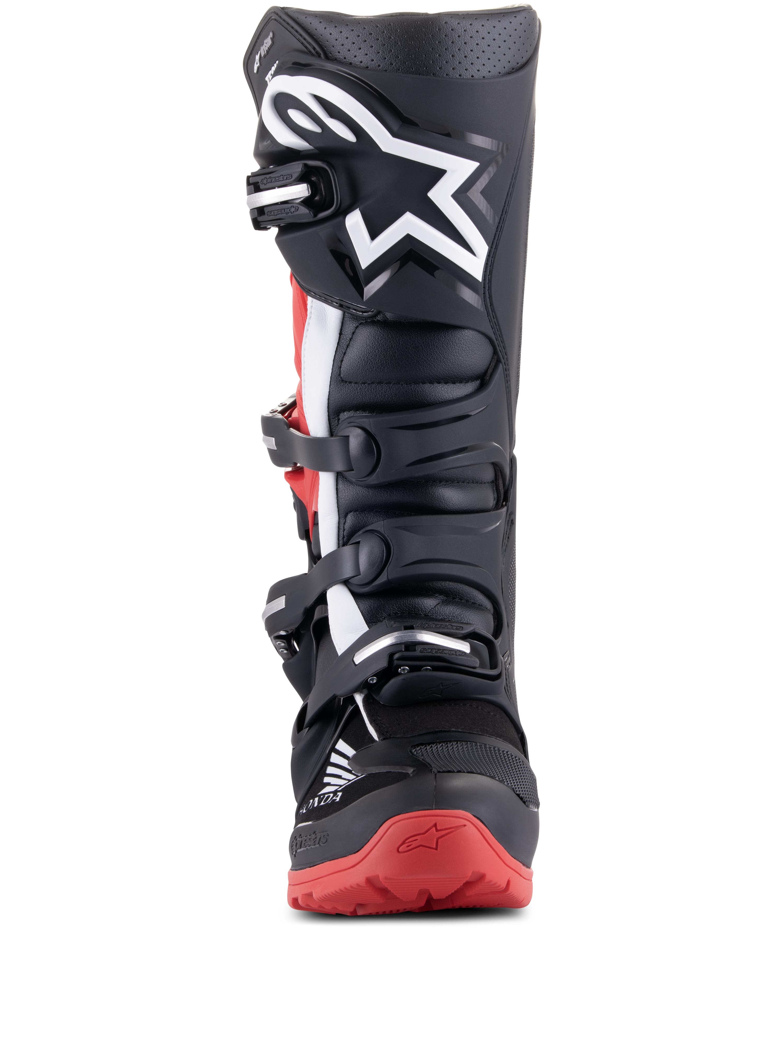Stivali Alpinestars Honda Tech 7 Enduro Drystar, nero e rosso brillante, vista frontale con sistema di chiusura a fibbie multiple, grande logo a stella bianco sulla tibia e suola rossa con marchio Honda, stivali da moto fuoristrada impermeabili