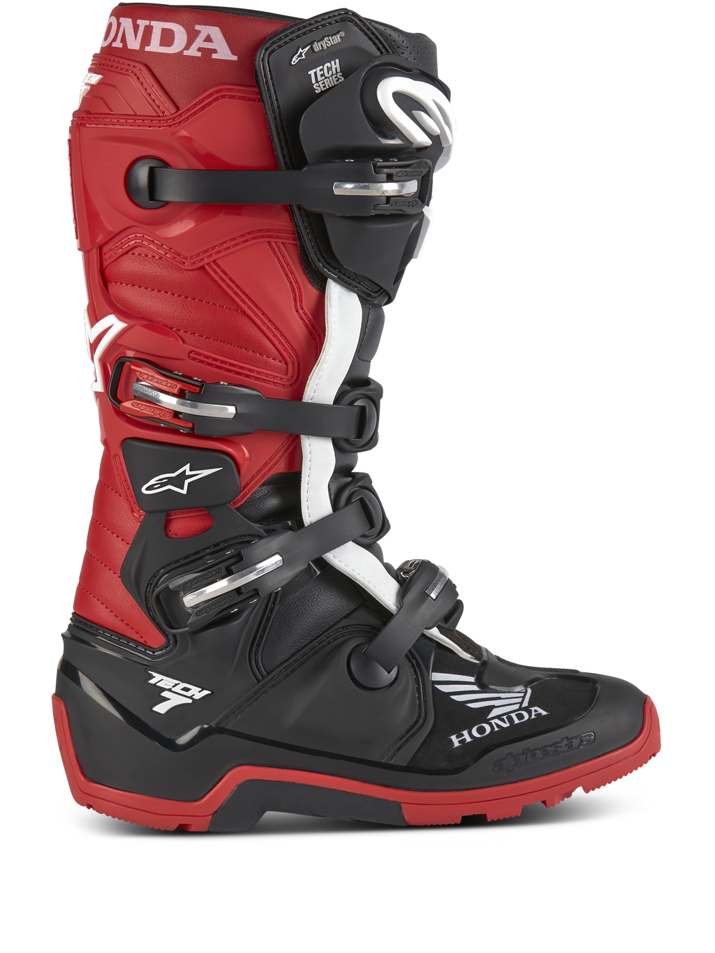 Alpinestars Honda Tech 7 Enduro Drystar® Boots, stivali da moto enduro, nero e rosso acceso con dettagli bianchi, fibbie regolabili multiple, suola robusta per aderenza fuoristrada, tecnologia impermeabile Drystar® e marchi Honda e Tech 7 in evidenza