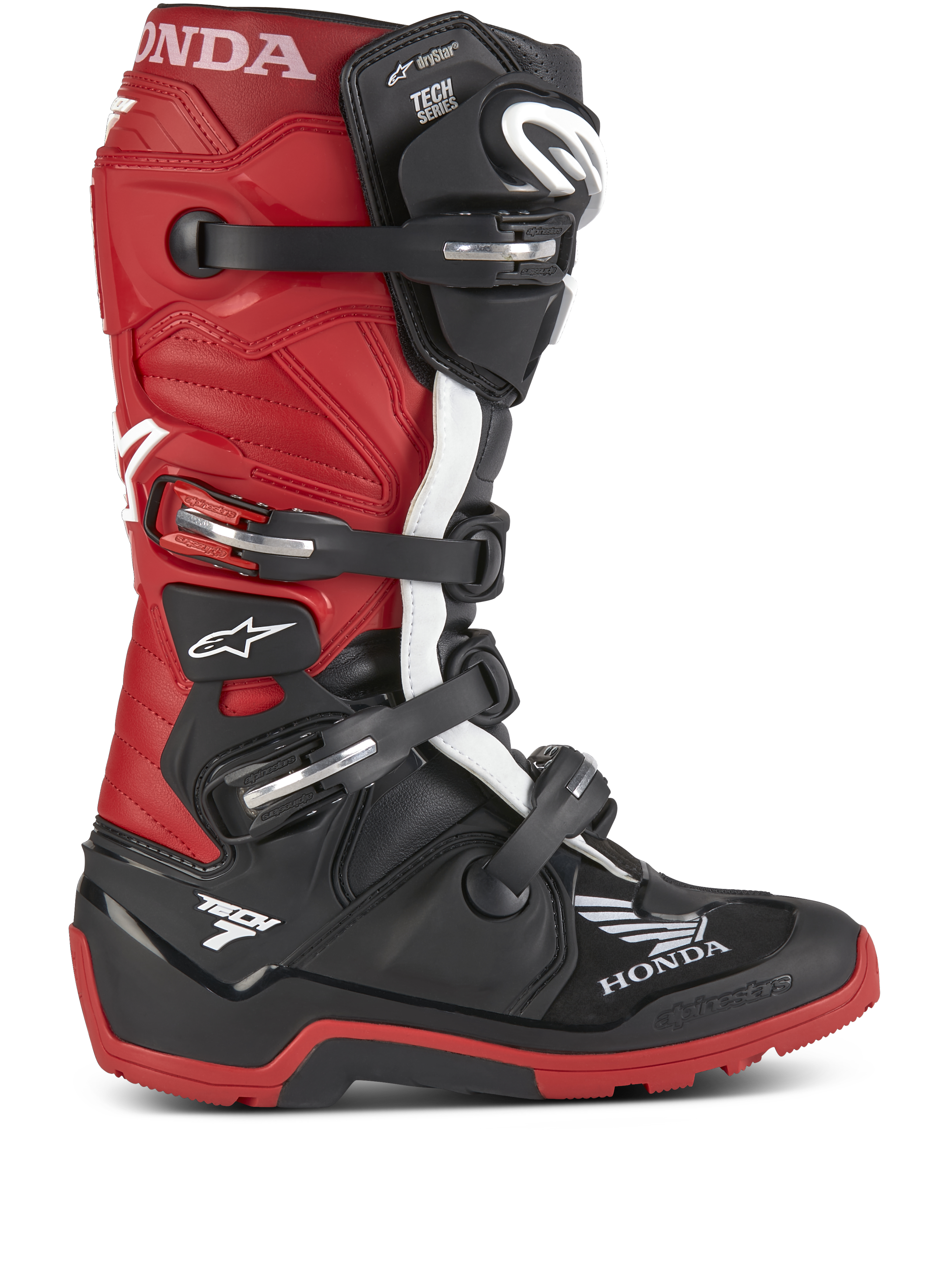 Alpinestars Honda Tech 7 Enduro Drystar® Boots, stivali da moto enduro, nero e rosso acceso con dettagli bianchi, fibbie regolabili multiple, suola robusta per aderenza fuoristrada, tecnologia impermeabile Drystar® e marchi Honda e Tech 7 in evidenza
