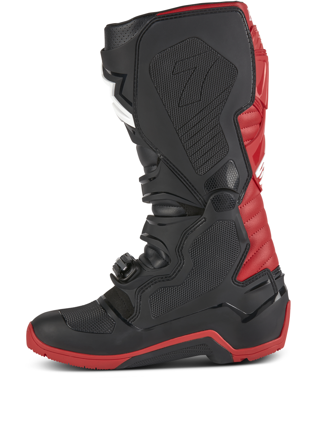 Stivali Alpinestars Honda Tech 7 Enduro Drystar®, stivali da motocross ed enduro, nero e rosso brillante, vista laterale con fibbie ad alta resistenza, piastre protettive in TPU e suola rinforzata rossa