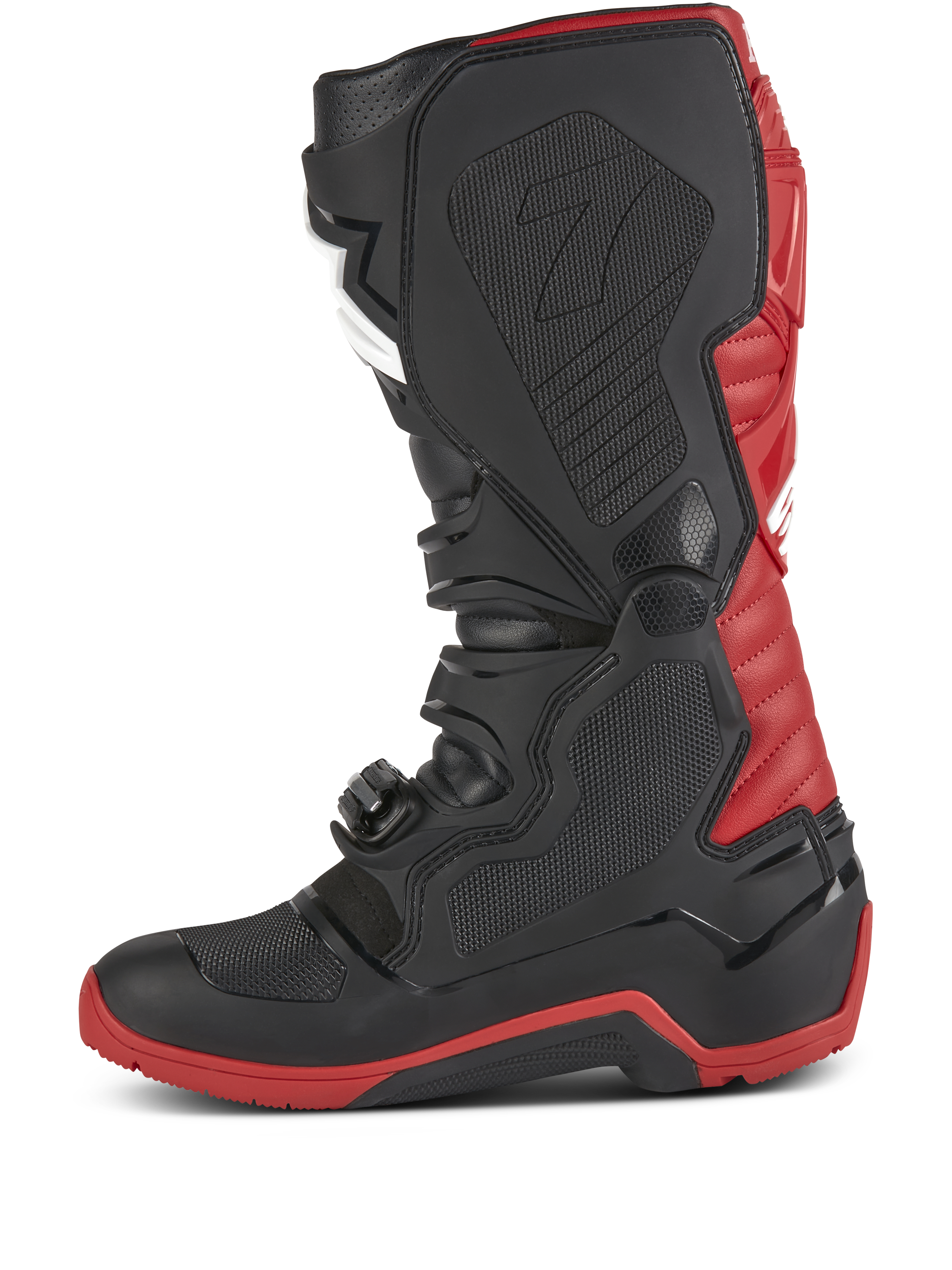 Stivali Alpinestars Honda Tech 7 Enduro Drystar®, stivali da motocross ed enduro, nero e rosso brillante, vista laterale con fibbie ad alta resistenza, piastre protettive in TPU e suola rinforzata rossa
