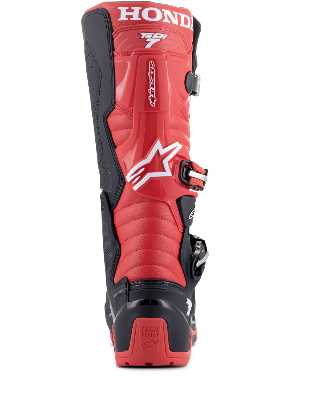Stivali Alpinestars Honda Tech 7 Enduro Drystar®, nero e rosso brillante, vista posteriore con prominente marchio HONDA sul polpaccio superiore, protezione del tallone in TPU con logo Tech Series e sistema di chiusura sicura a fibbie