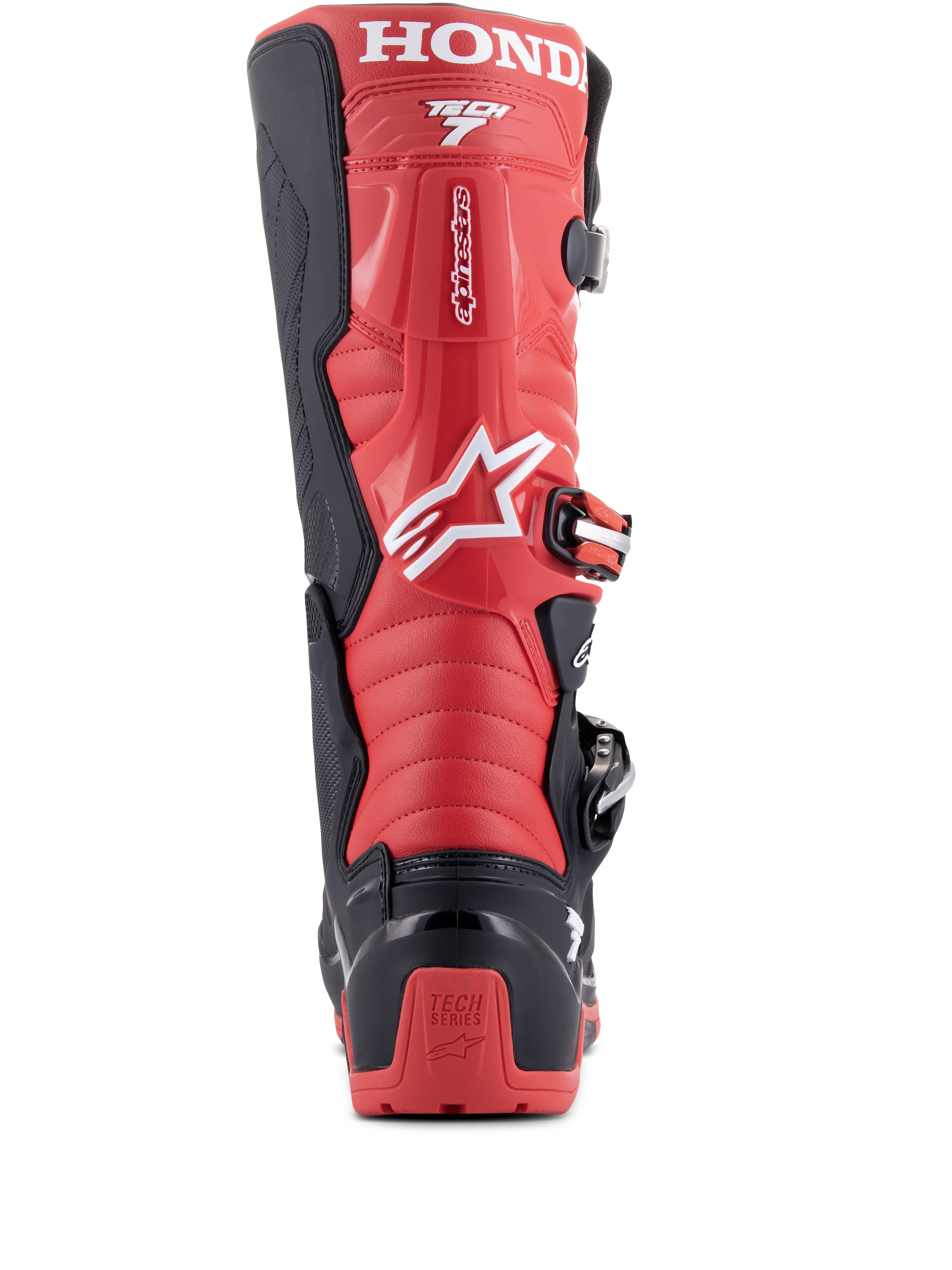 Stivali Alpinestars Honda Tech 7 Enduro Drystar®, nero e rosso brillante, vista posteriore con prominente marchio HONDA sul polpaccio superiore, protezione del tallone in TPU con logo Tech Series e sistema di chiusura sicura a fibbie