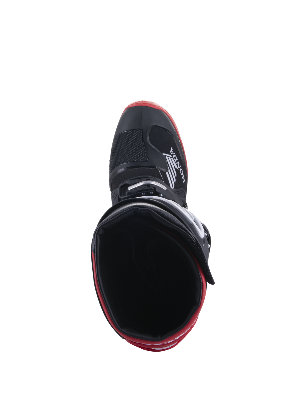 Stivali Honda Tech 7 Enduro Drystar®, nero e rosso brillante, vista dall'alto verso l'interno dello stivale, logo Honda sul lato, dettagli rossi sulla suola, costruzione impermeabile per guida fuoristrada