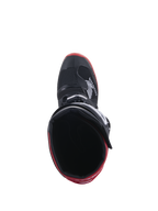 Stivali Honda Tech 7 Enduro Drystar®, nero e rosso brillante, vista dall'alto verso l'interno dello stivale, logo Honda sul lato, dettagli rossi sulla suola, costruzione impermeabile per guida fuoristrada