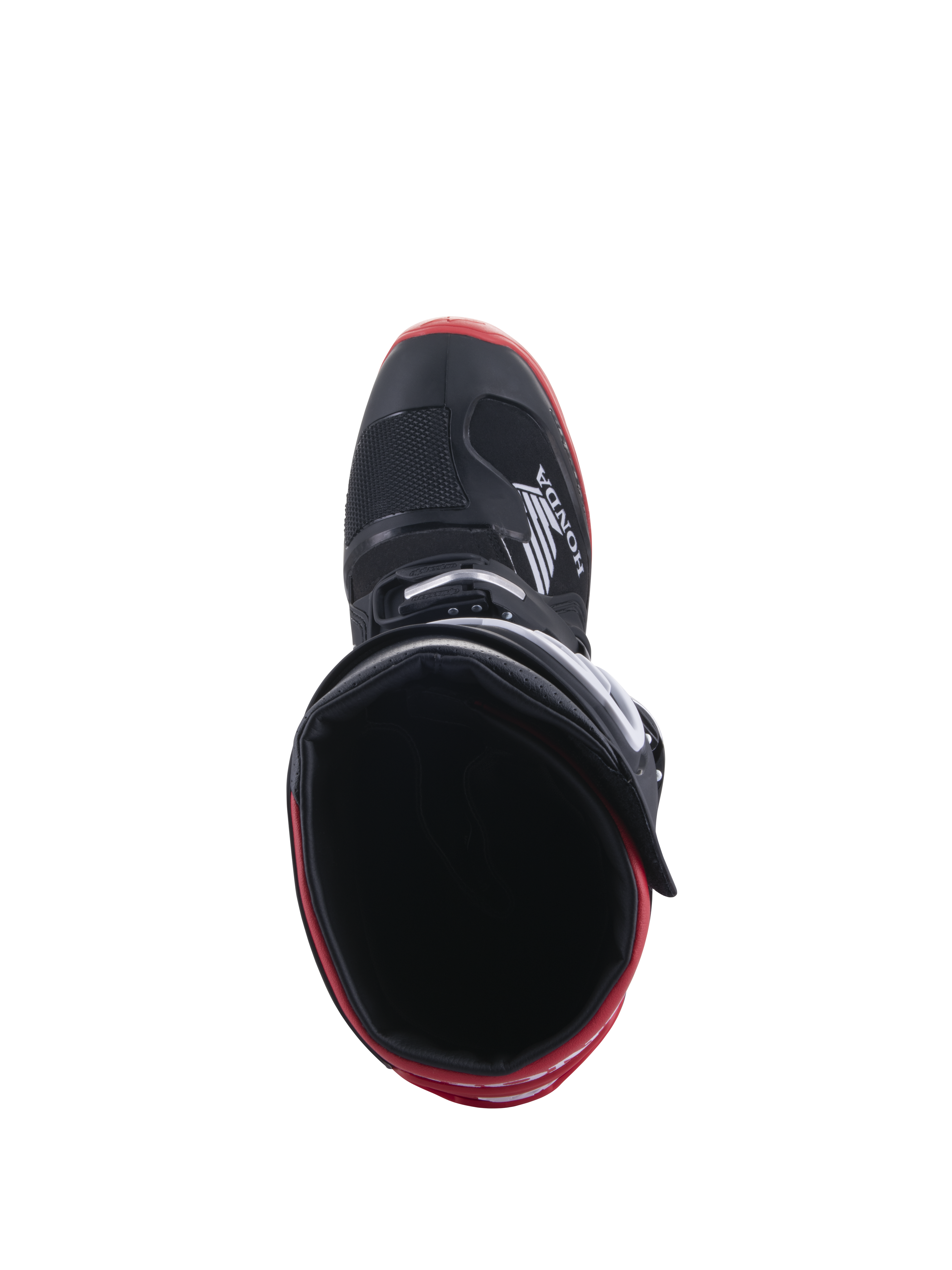 Stivali Honda Tech 7 Enduro Drystar®, nero e rosso brillante, vista dall'alto verso l'interno dello stivale, logo Honda sul lato, dettagli rossi sulla suola, costruzione impermeabile per guida fuoristrada
