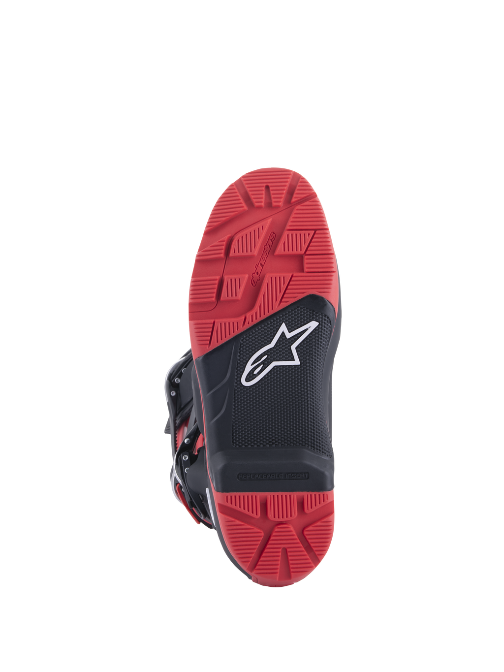 Stivali Honda Tech 7 Enduro Drystar®, nero e rosso brillante, vista della suola con battistrada ad alta aderenza e inserto sostituibile, struttura in gomma a doppia densità, logo Alpinestars bianco su pannello nero testurizzato.