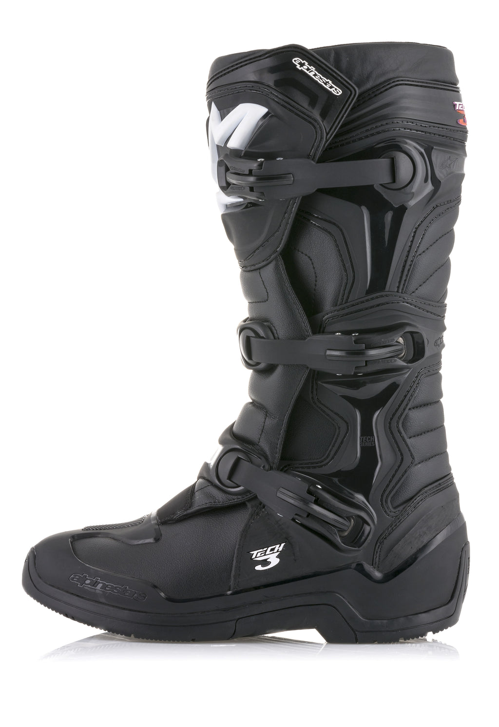 Stivali Alpinestars Tech 3, stivali da motocross neri, vista laterale di profilo con sistema di chiusura a tre fibbie, pannelli protettivi in TPU e tomaia in resistente microfibra per prestazioni fuoristrada