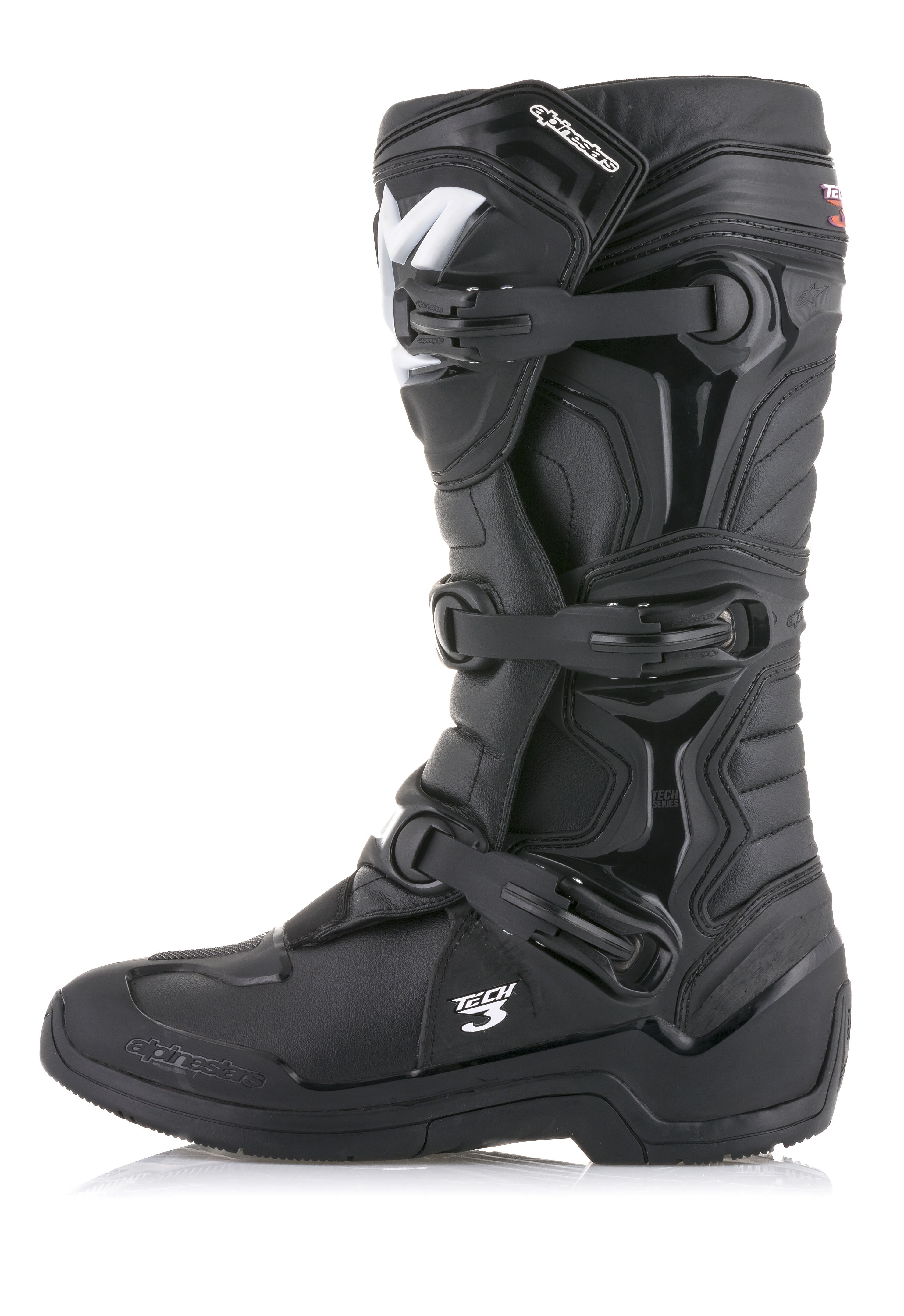 Stivali Alpinestars Tech 3, stivali da motocross neri, vista laterale di profilo con sistema di chiusura a tre fibbie, pannelli protettivi in TPU e tomaia in resistente microfibra per prestazioni fuoristrada