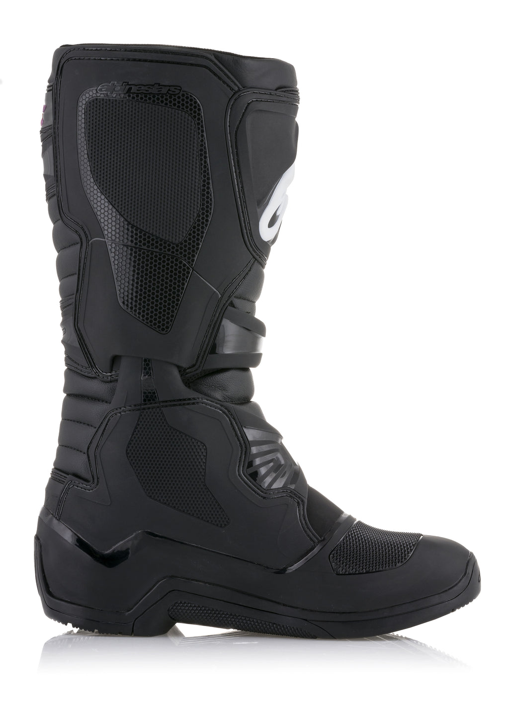 Stivali Alpinestars Tech 3, stivali da motocross, nero, profilo laterale con pannelli protettivi in TPU testurizzati e logo Alpinestars bianco, costruzione in microfibra resistente con soffietti flessibili, suola robusta per prestazioni fuoristrada