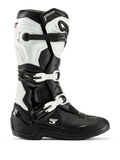 Alpinestars stivali Tech 3, stivali da motocross, nero e bianco, vista laterale di profilo con sistema di chiusura a tre fibbie, pannelli protettivi in TPU e robusta struttura sintetica per gare fuoristrada