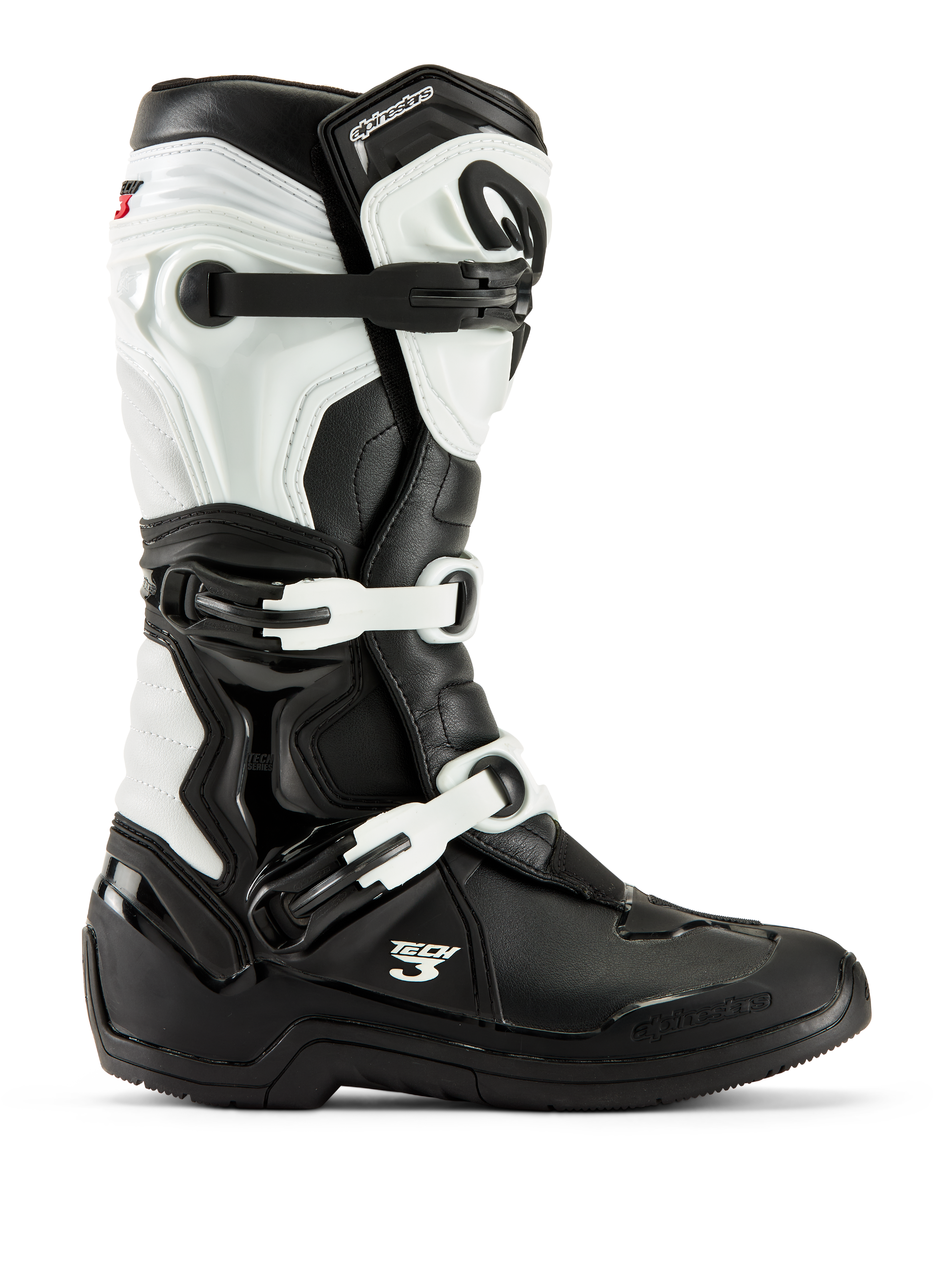 Alpinestars stivali Tech 3, stivali da motocross, nero e bianco, vista laterale di profilo con sistema di chiusura a tre fibbie, pannelli protettivi in TPU e robusta struttura sintetica per gare fuoristrada