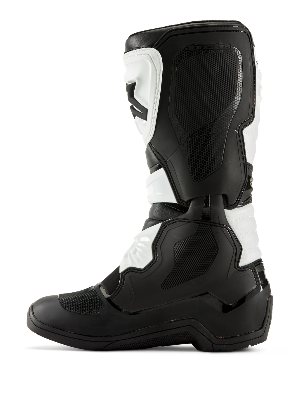 Stivali Alpinestars Tech 3, stivali da motocross, bianco e nero, profilo lato mediale con pannelli grip testurizzati, protezioni in TPU e robusta struttura in microfibra, calzature da fuoristrada di livello professionale