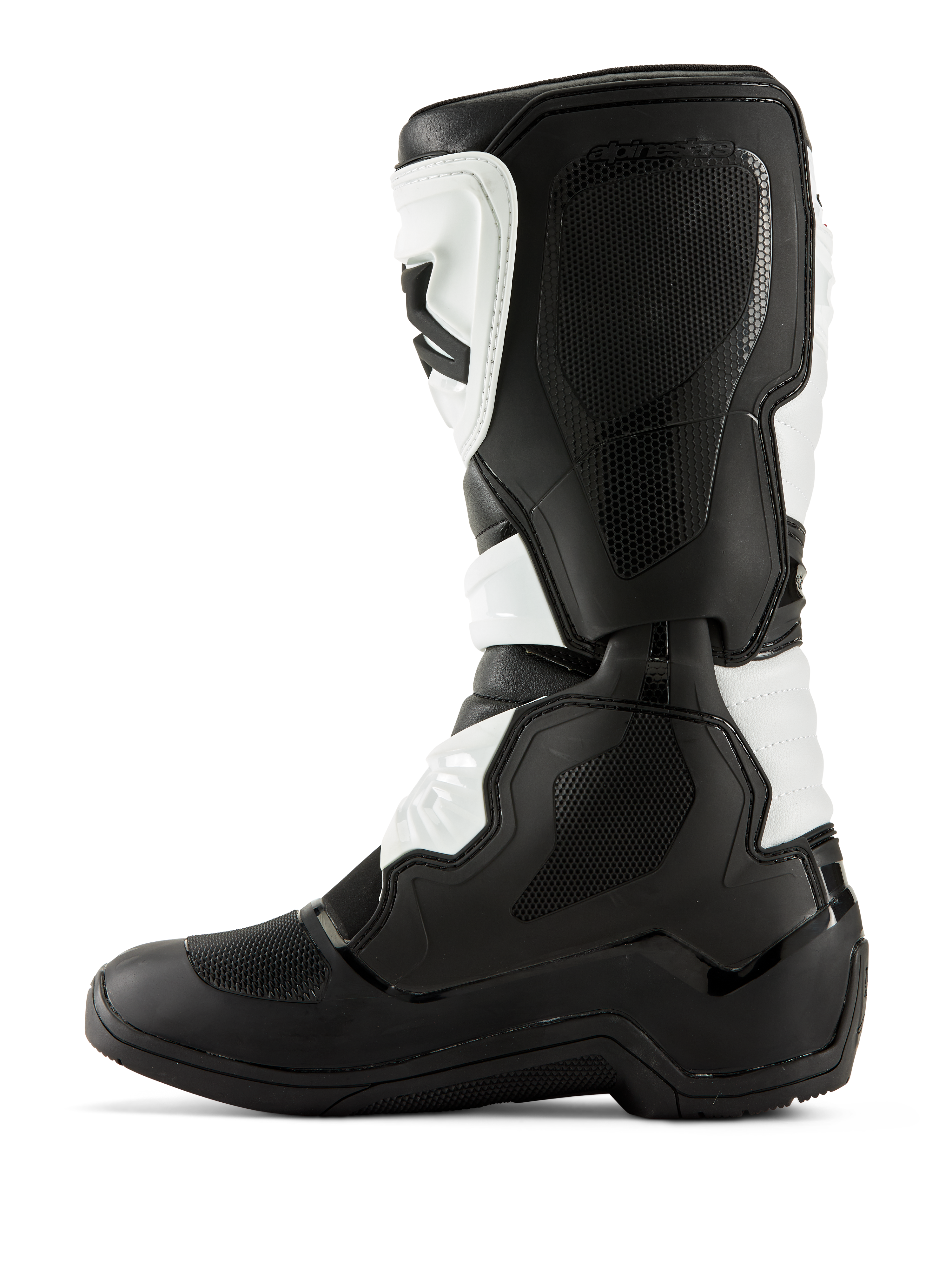 Stivali Alpinestars Tech 3, stivali da motocross, bianco e nero, profilo lato mediale con pannelli grip testurizzati, protezioni in TPU e robusta struttura in microfibra, calzature da fuoristrada di livello professionale