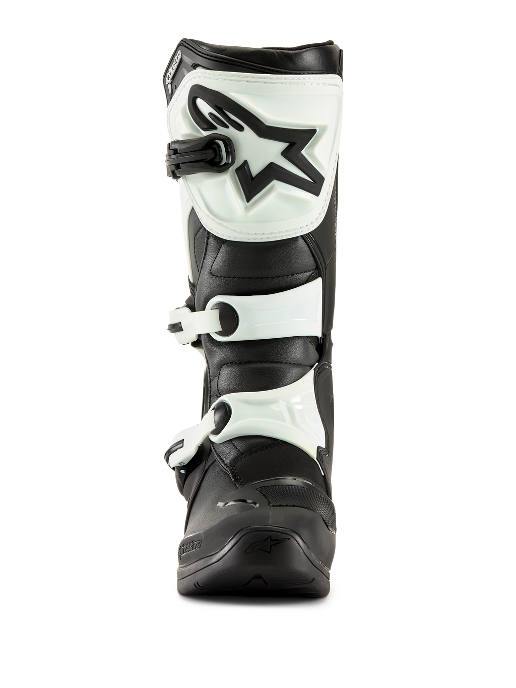 Stivali Alpinestars Tech 3, stivali da motocross, nero e bianco, vista frontale con piastra tibiale in TPU bianco, logo a stella nero e chiusure a fibbia bianche, calzatura durevole per fuoristrada