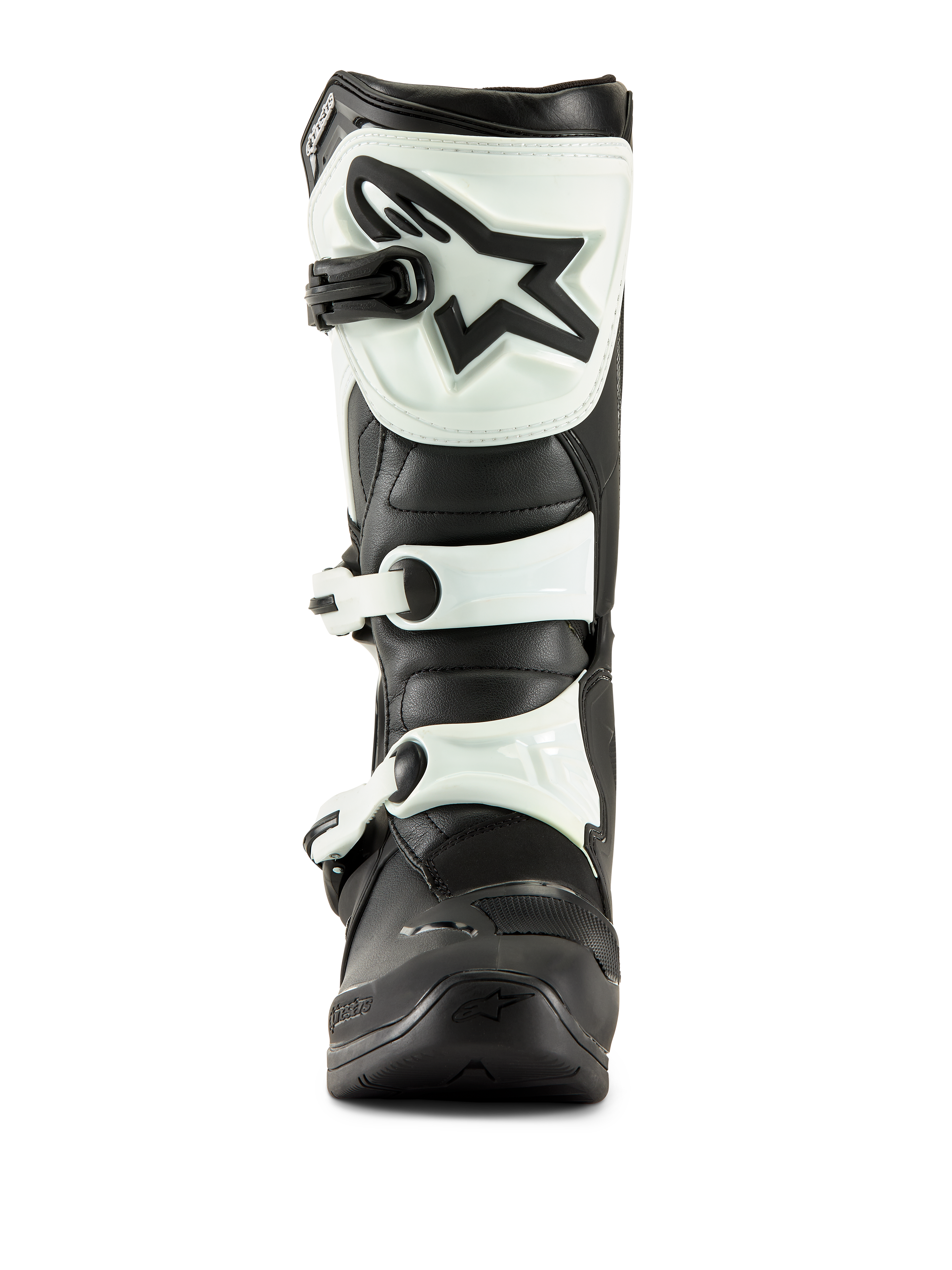 Stivali Alpinestars Tech 3, stivali da motocross, nero e bianco, vista frontale con piastra tibiale in TPU bianco, logo a stella nero e chiusure a fibbia bianche, calzatura durevole per fuoristrada