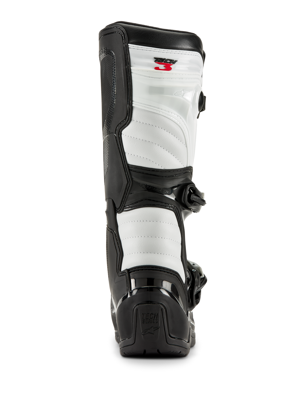 Stivali Alpinestars Tech 3 in nero e bianco, vista posteriore con pannelli imbottiti bianchi, protezione del tallone in TPU nero con logo Tech Series e marchio Tech 3 rosso sulla parte superiore, calzature professionali da motocross