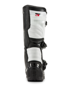Stivali Alpinestars Tech 3 in nero e bianco, vista posteriore con pannelli imbottiti bianchi, protezione del tallone in TPU nero con logo Tech Series e marchio Tech 3 rosso sulla parte superiore, calzature professionali da motocross