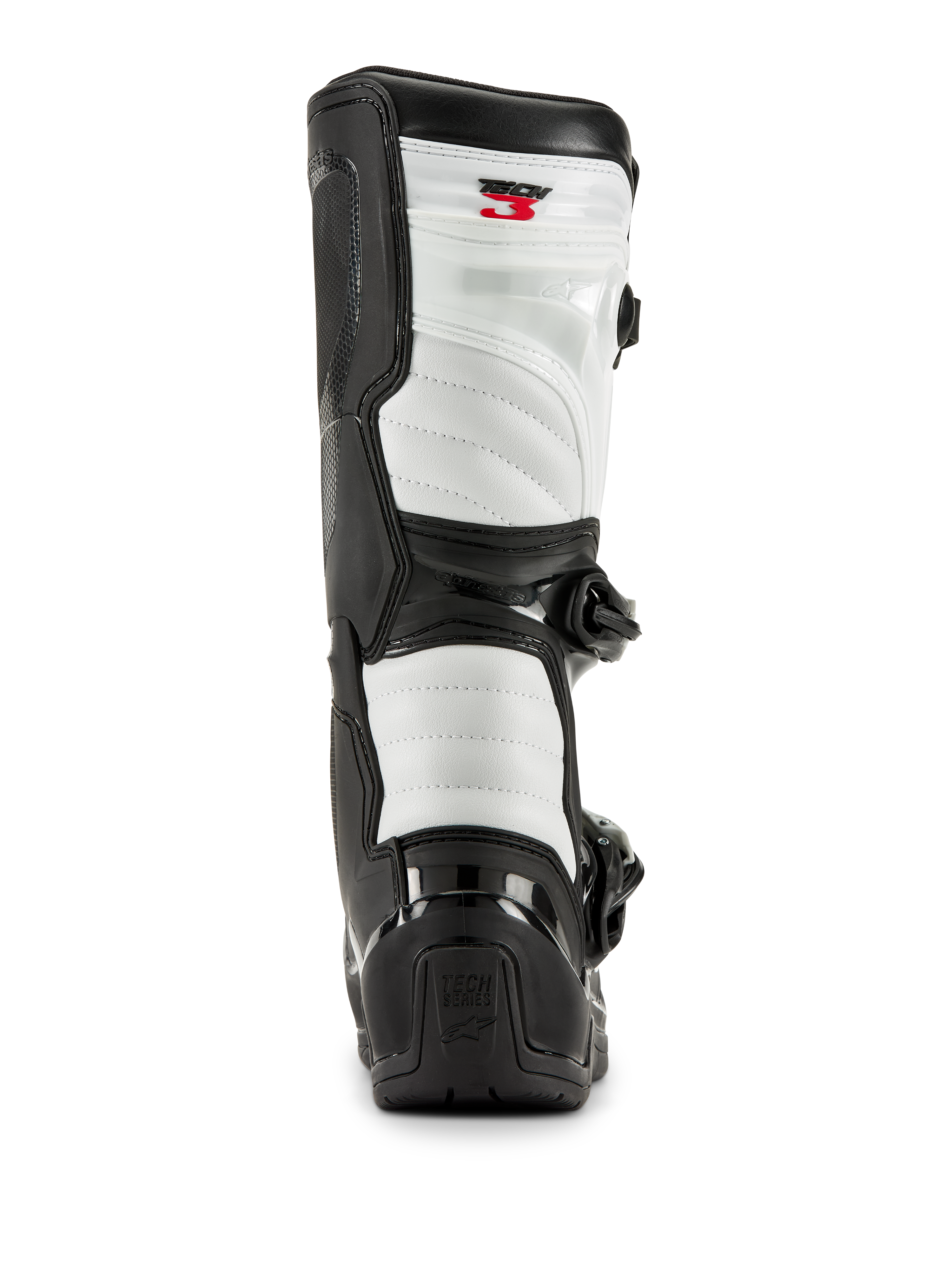 Stivali Alpinestars Tech 3 in nero e bianco, vista posteriore con pannelli imbottiti bianchi, protezione del tallone in TPU nero con logo Tech Series e marchio Tech 3 rosso sulla parte superiore, calzature professionali da motocross