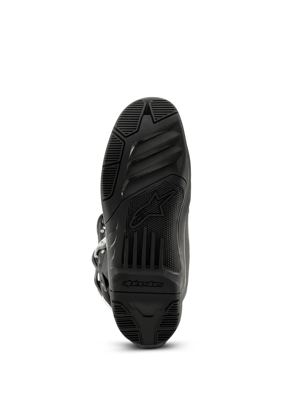 Alpinestars Tech 3 Boots, stivali da motocross, nero, vista inferiore della suola in gomma testurizzata con logo e scritta Alpinestars, design del battistrada ad alta aderenza per prestazioni off-road