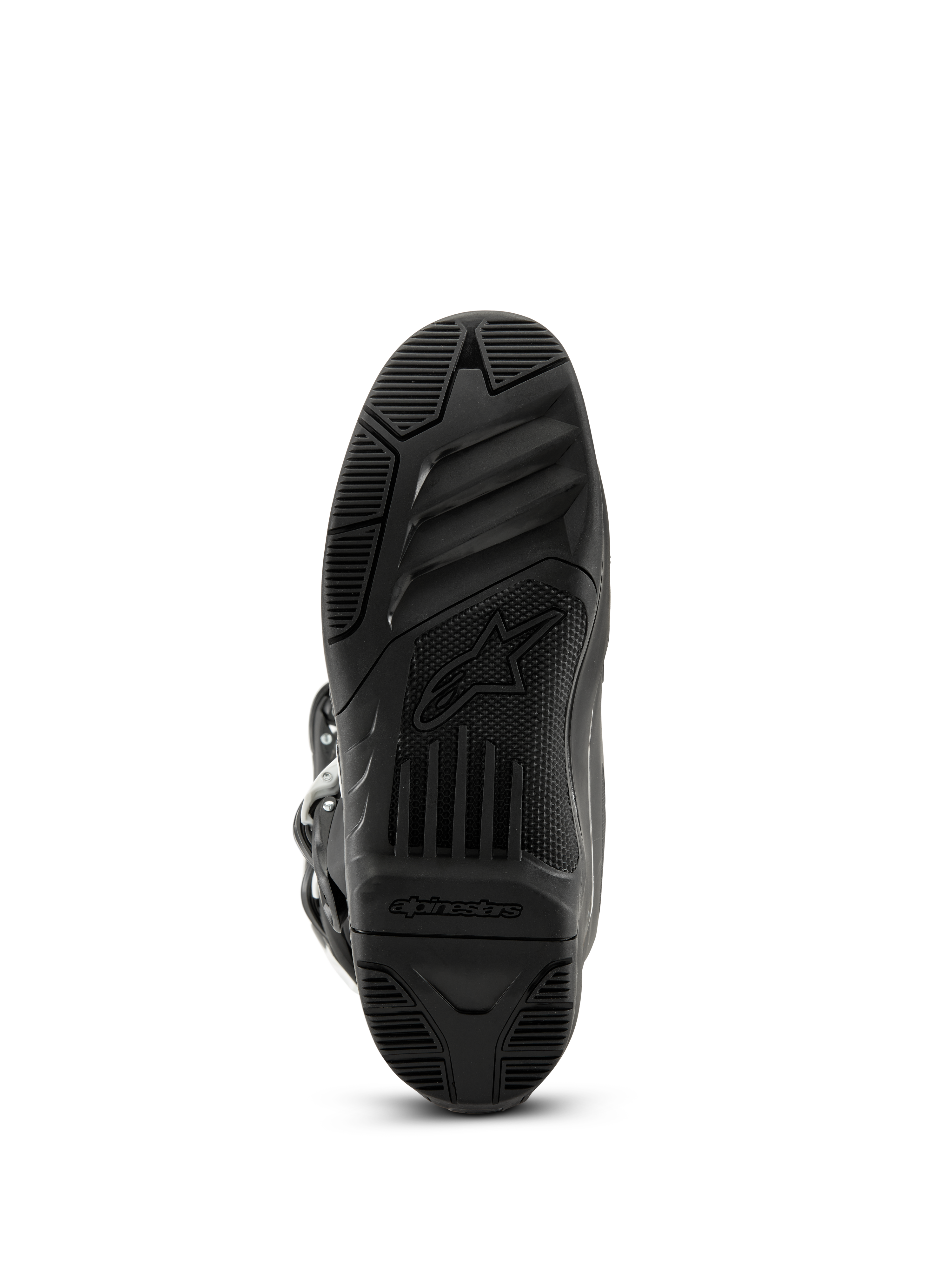 Alpinestars Tech 3 Boots, stivali da motocross, nero, vista inferiore della suola in gomma testurizzata con logo e scritta Alpinestars, design del battistrada ad alta aderenza per prestazioni off-road