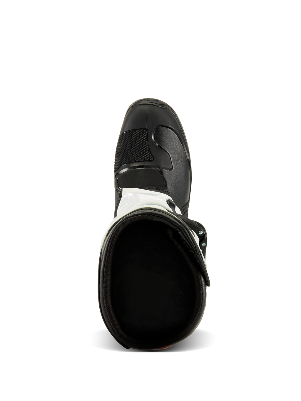 Stivali Alpinestars Tech 3, vista dall'alto, nero e bianco, mostra la fodera interna in tessuto e il puntale nero rinforzato, calzature protettive per motocross e fuoristrada