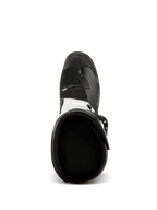 Stivali Alpinestars Tech 3, vista dall'alto, nero e bianco, mostra la fodera interna in tessuto e il puntale nero rinforzato, calzature protettive per motocross e fuoristrada