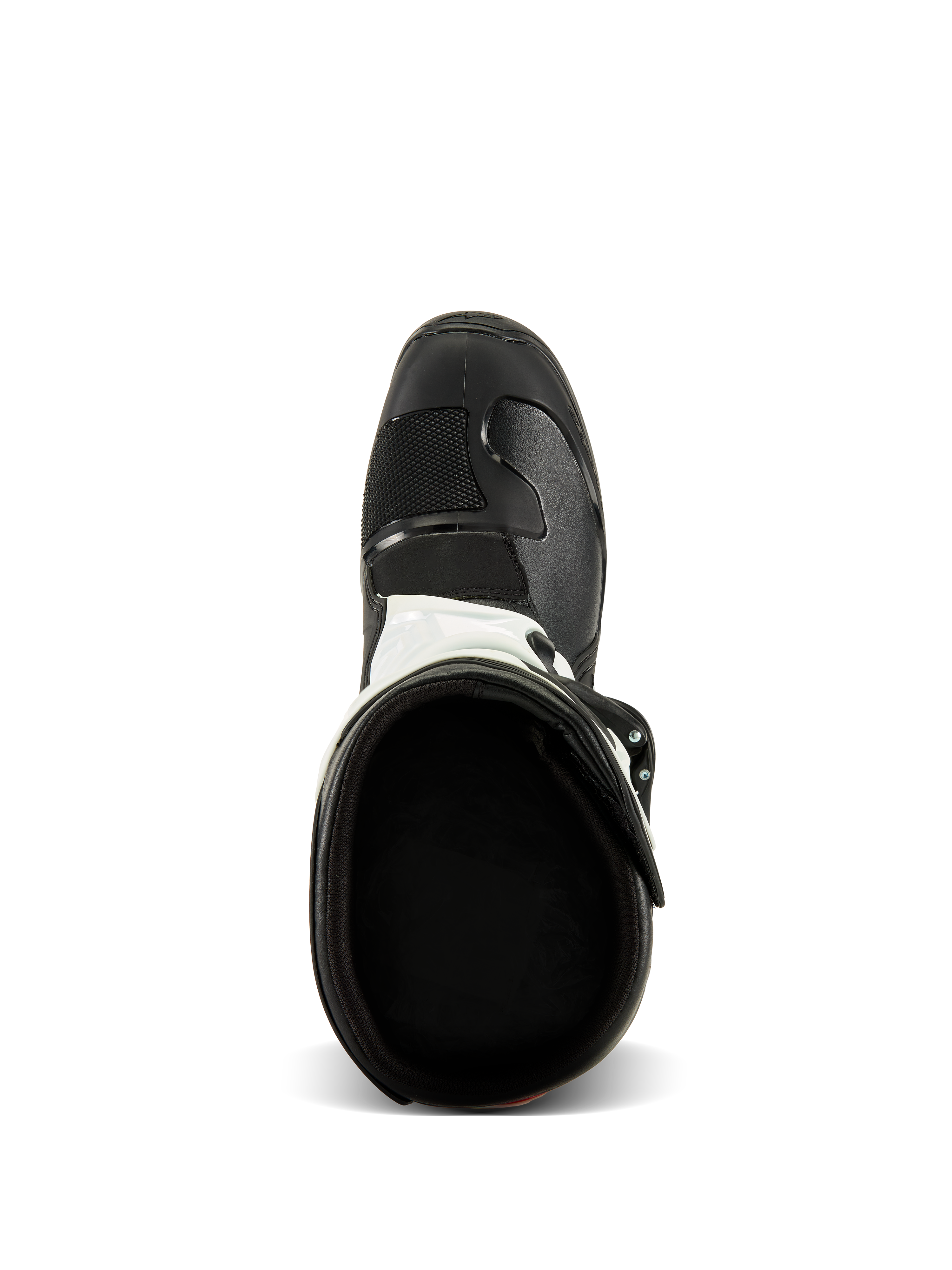 Stivali Alpinestars Tech 3, vista dall'alto, nero e bianco, mostra la fodera interna in tessuto e il puntale nero rinforzato, calzature protettive per motocross e fuoristrada