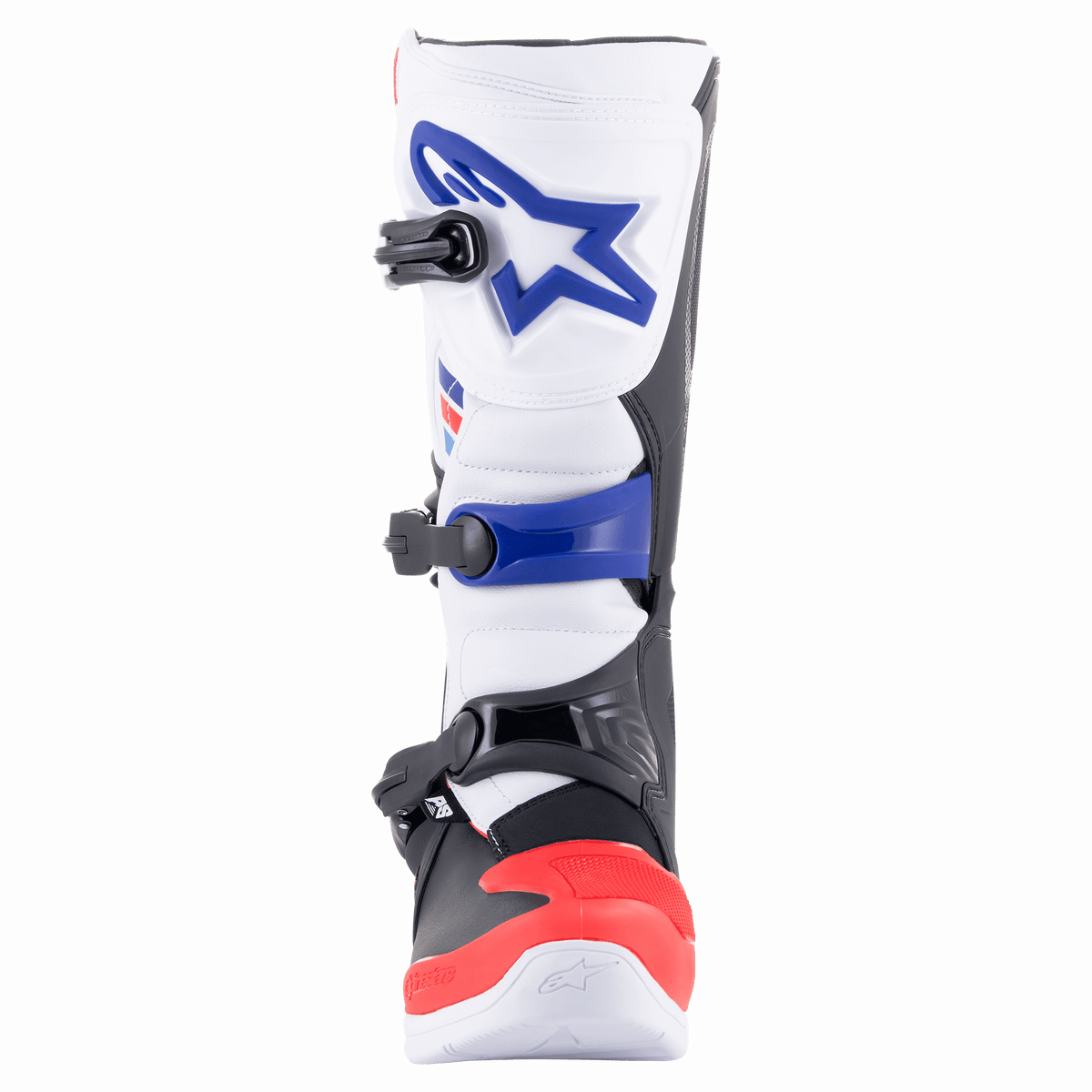 Stivali Alpinestars Tech 3, stivali da motocross, bianco, rosso acceso e blu scuro, vista frontale che mostra la piastra parastinchi protettiva in TPU con logo blu, il sistema di chiusura a tre fibbie e la punta rossa rinforzata
