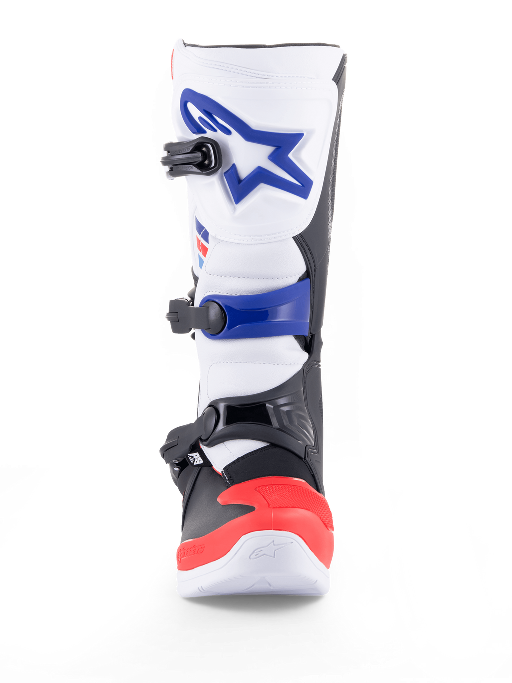 Alpinestars Tech 3, stivale da motocross e fuoristrada bianco con dettagli blu e rosso brillante, chiusura a tripla fibbia, certificato CE